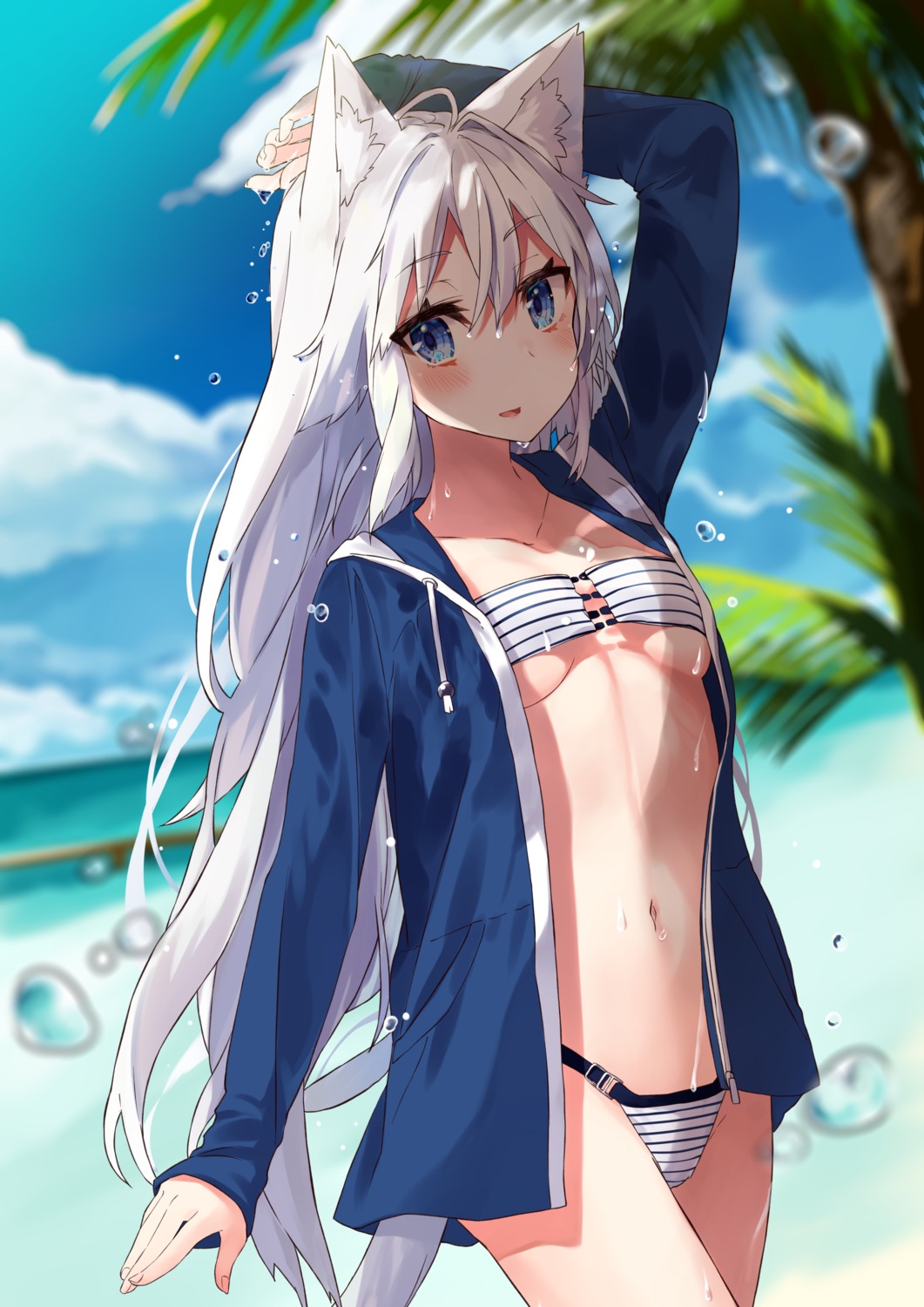 animal_ears bikini nekomimi nuko_miruku open_shirt swimsuits tail underboob wet wet_clothes