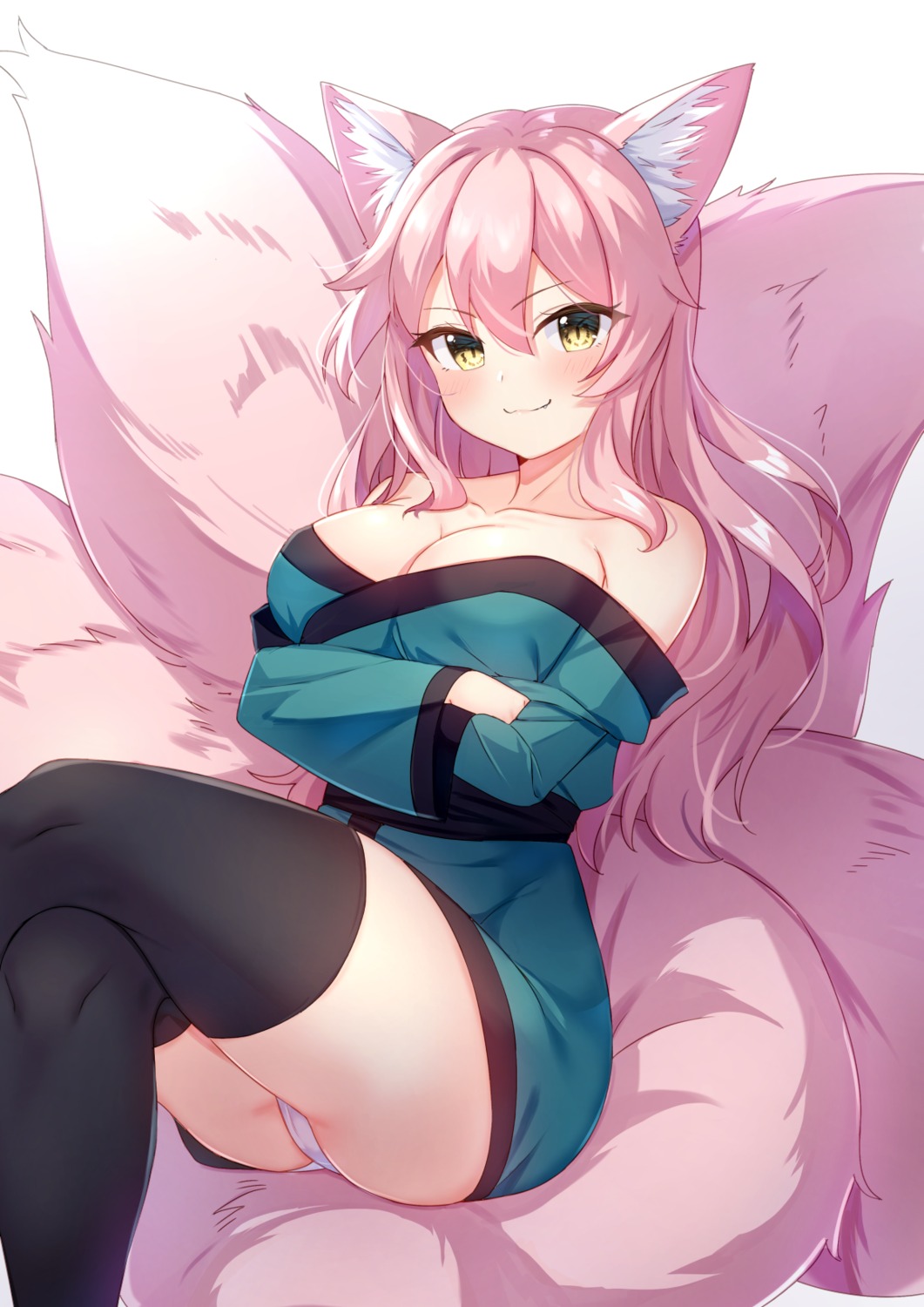 animal_ears cameltoe kitsune no_bra open_shirt pantsu skirt_lift tail thighhighs tsuki_usagi