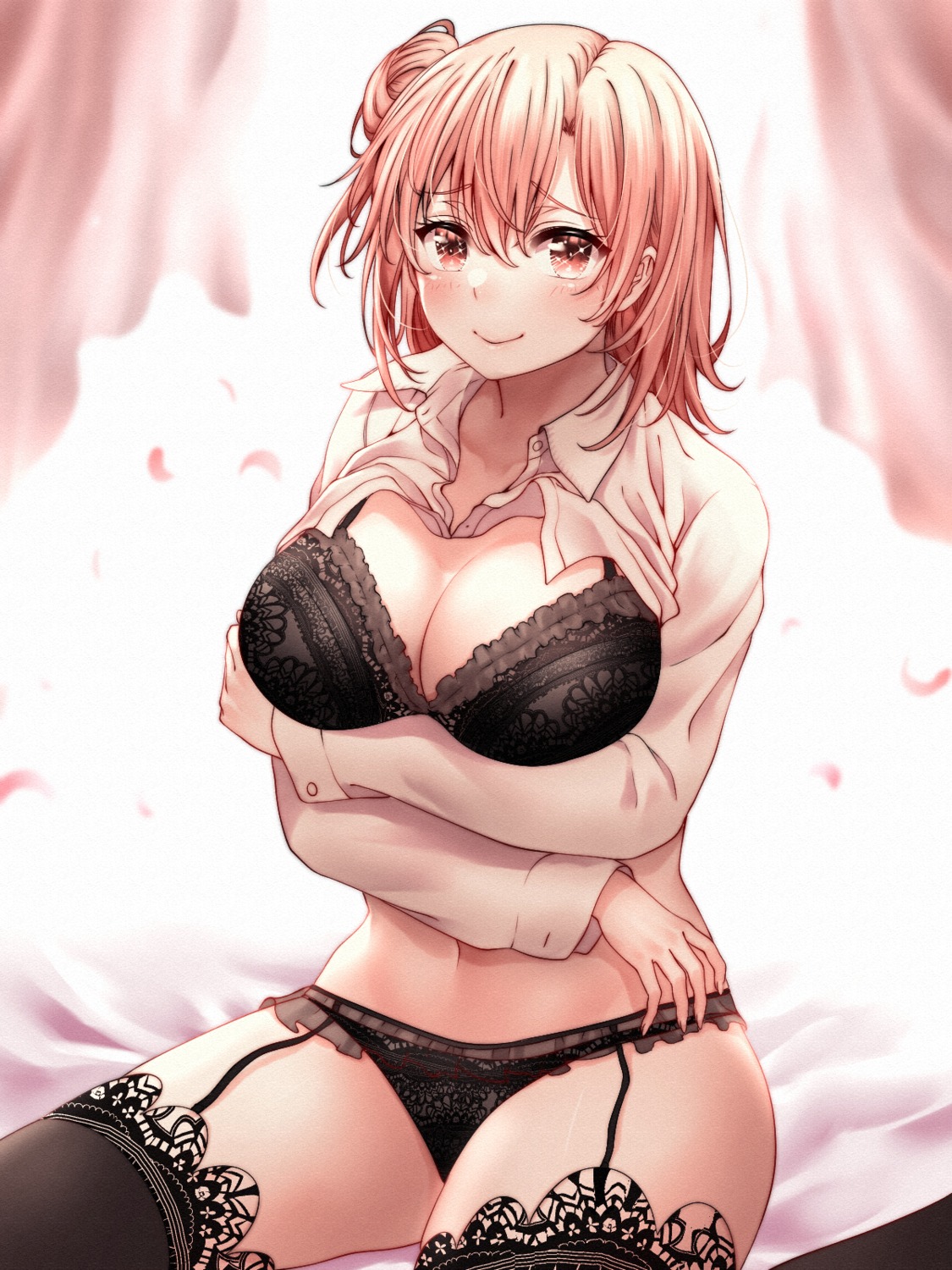 bra breast_hold dress_shirt lingerie pantsu red_hayao see_through shirt_lift stockings thighhighs yahari_ore_no_seishun_lovecome_wa_machigatteiru. yuigahama_yui