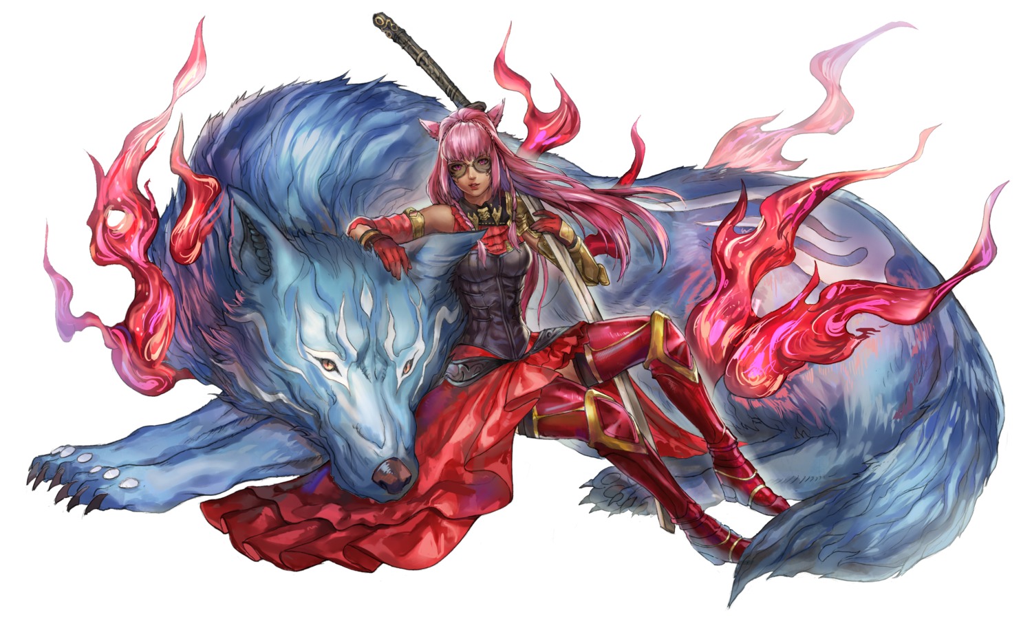 animal_ears armor final_fantasy final_fantasy_xiv megane miqo'te monster nekomimi seneka_grafika sword thighhighs