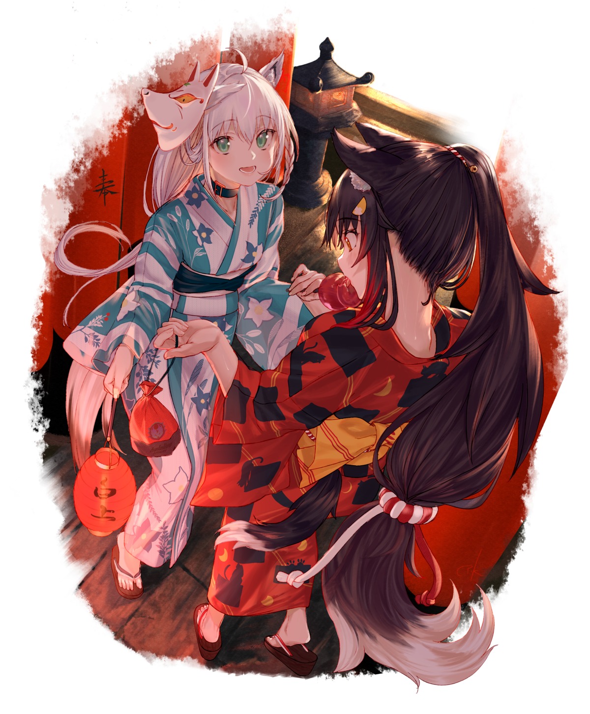 animal_ears hololive hololive_gamers kitsune ookami_mio shirakami_fubuki tail takubon yukata