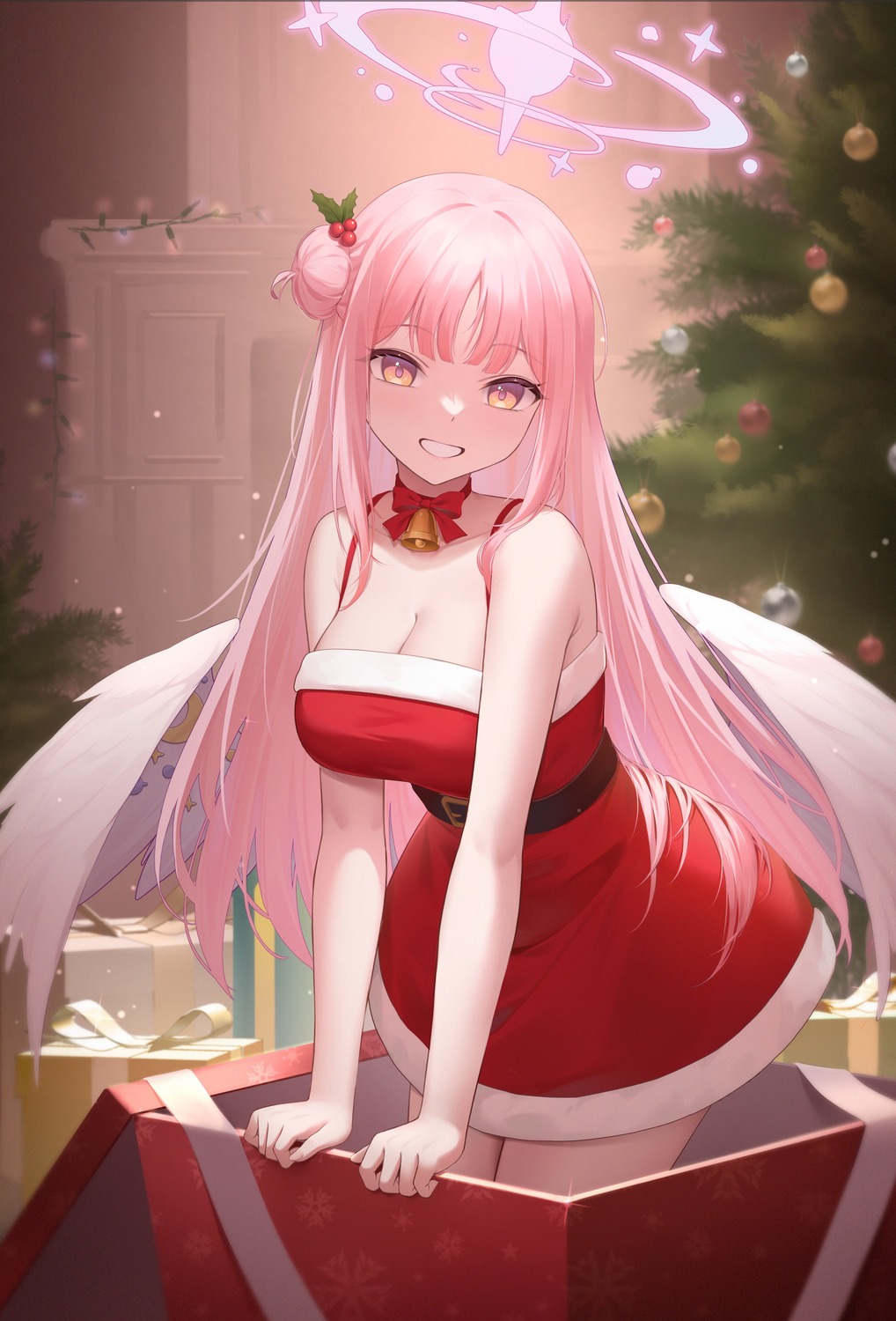 angel blue_archive christmas cleavage dress misono_mika no_bra wings yinghuahua