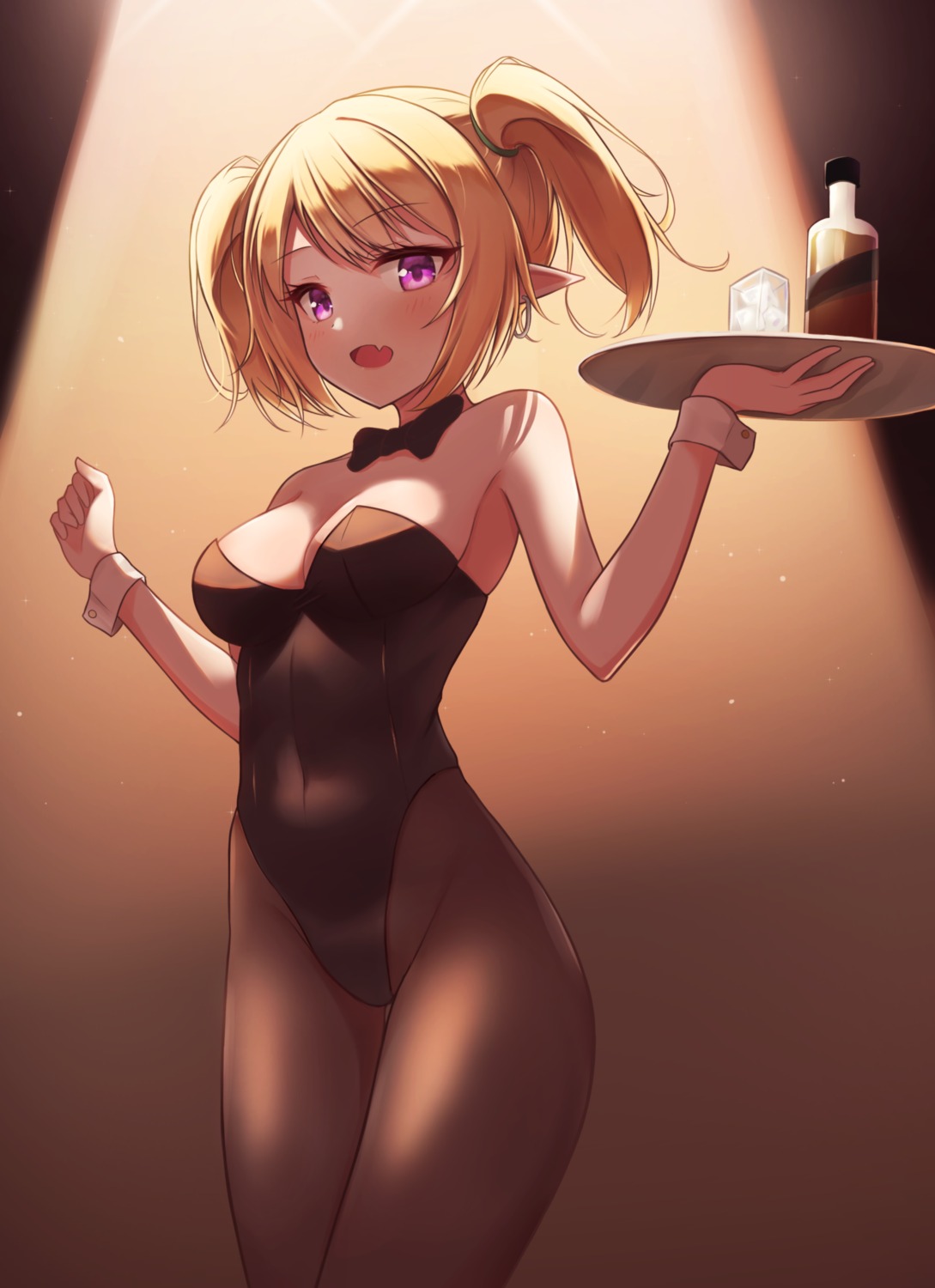 kuroe_hanako leotard no_bra okey pantyhose pointy_ears princess_connect princess_connect!_re:dive waitress