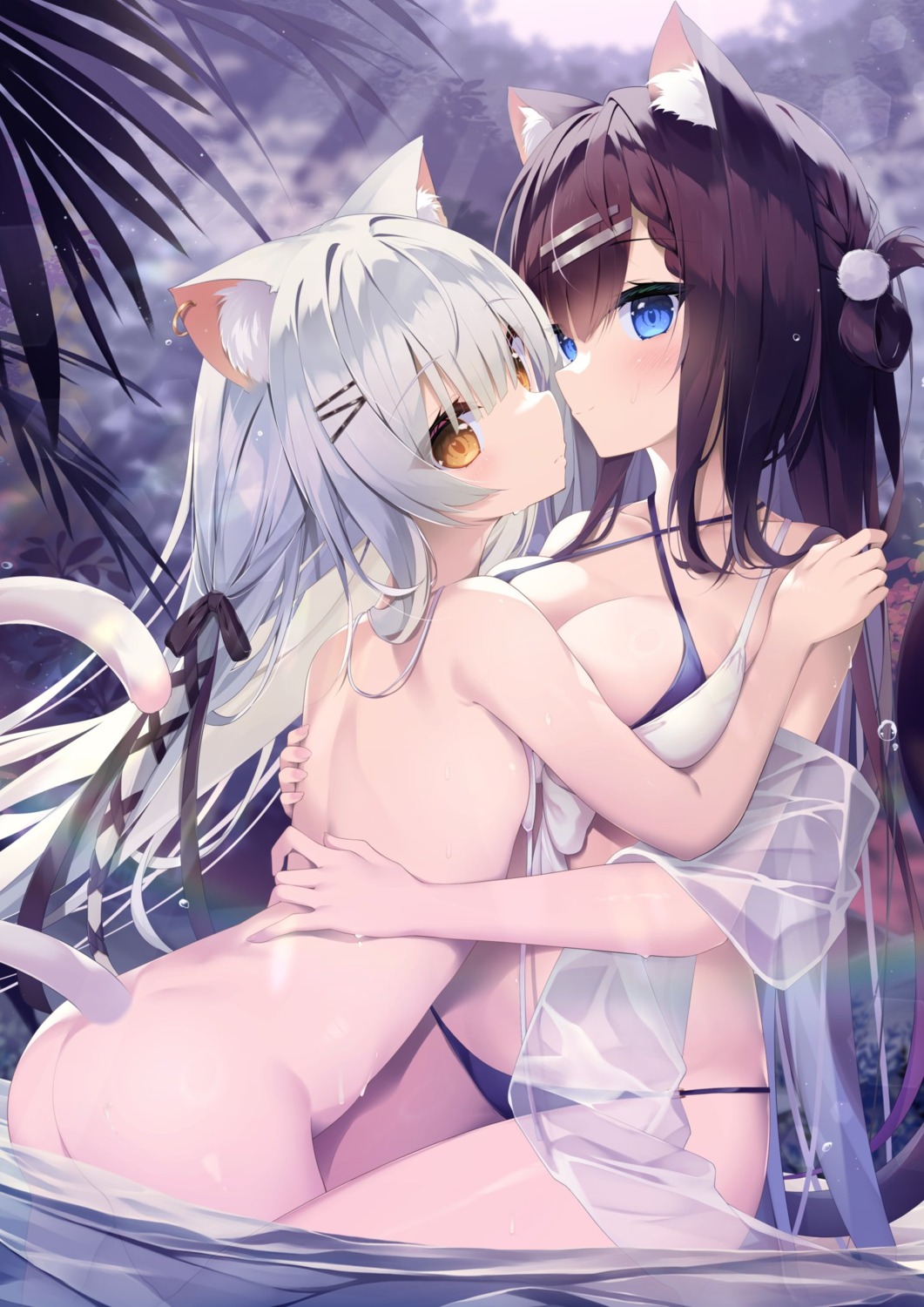 animal_ears ass bikini bikini_top bottomless loli maritaki nekomimi see_through swimsuits symmetrical_docking tail wardrobe_malfunction wet yuri