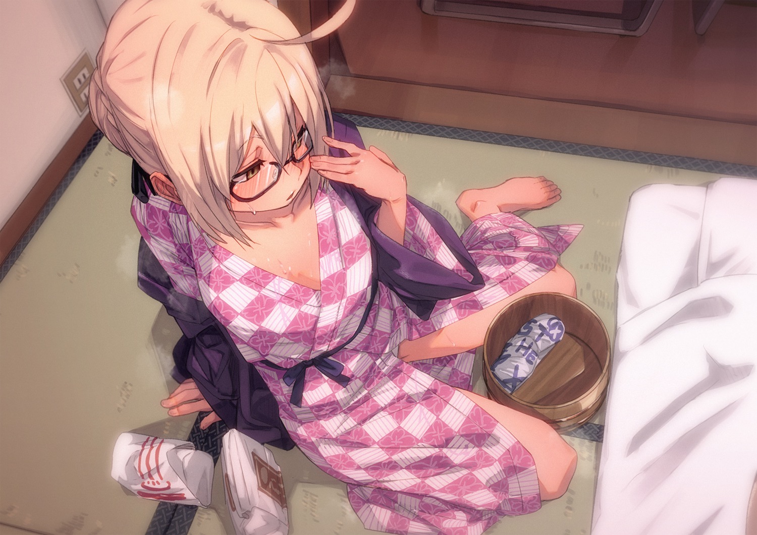 cleavage fate/grand_order fu-ta heroine_x_alter megane no_bra open_shirt pantsu wet yukata