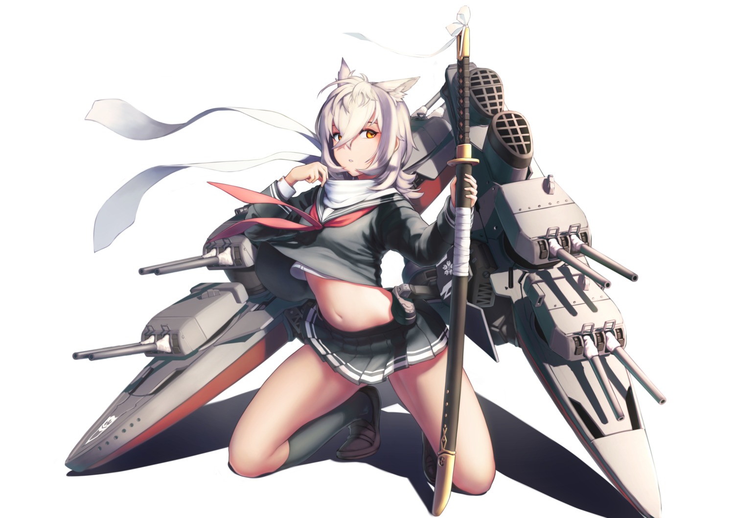 animal_ears azur_lane itaco maya_(azur_lane) seifuku shirt_lift skirt_lift sword