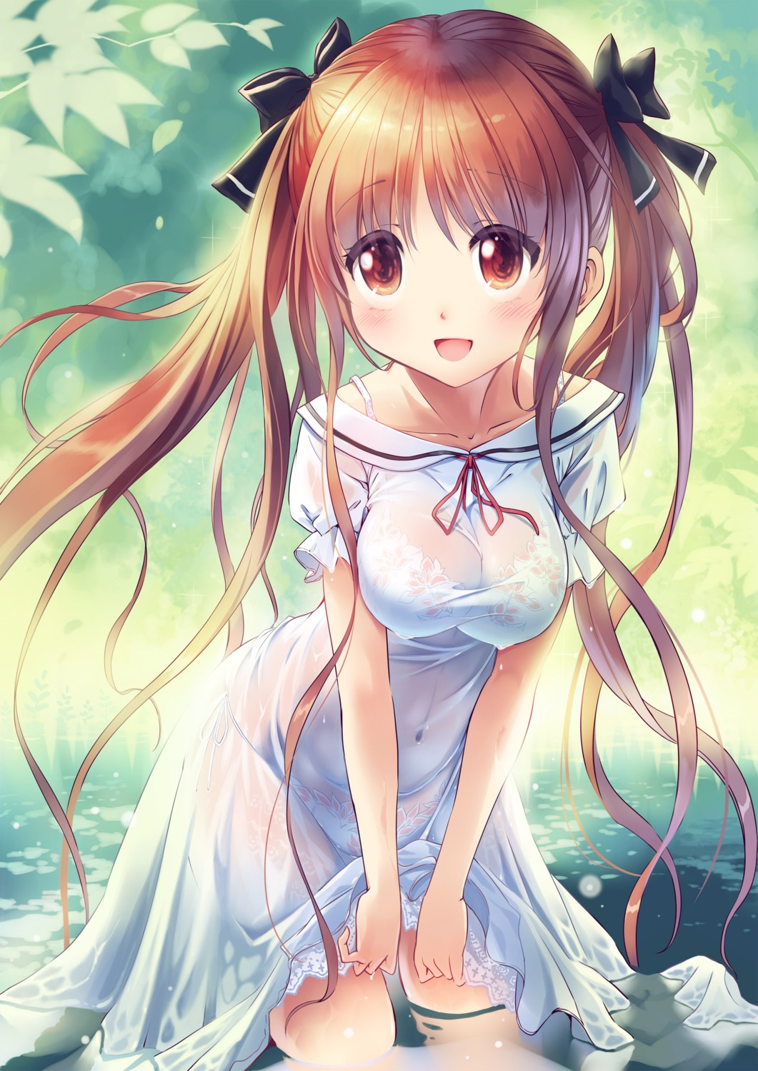 bra dress kankurou pantsu see_through skirt_lift wet wet_clothes