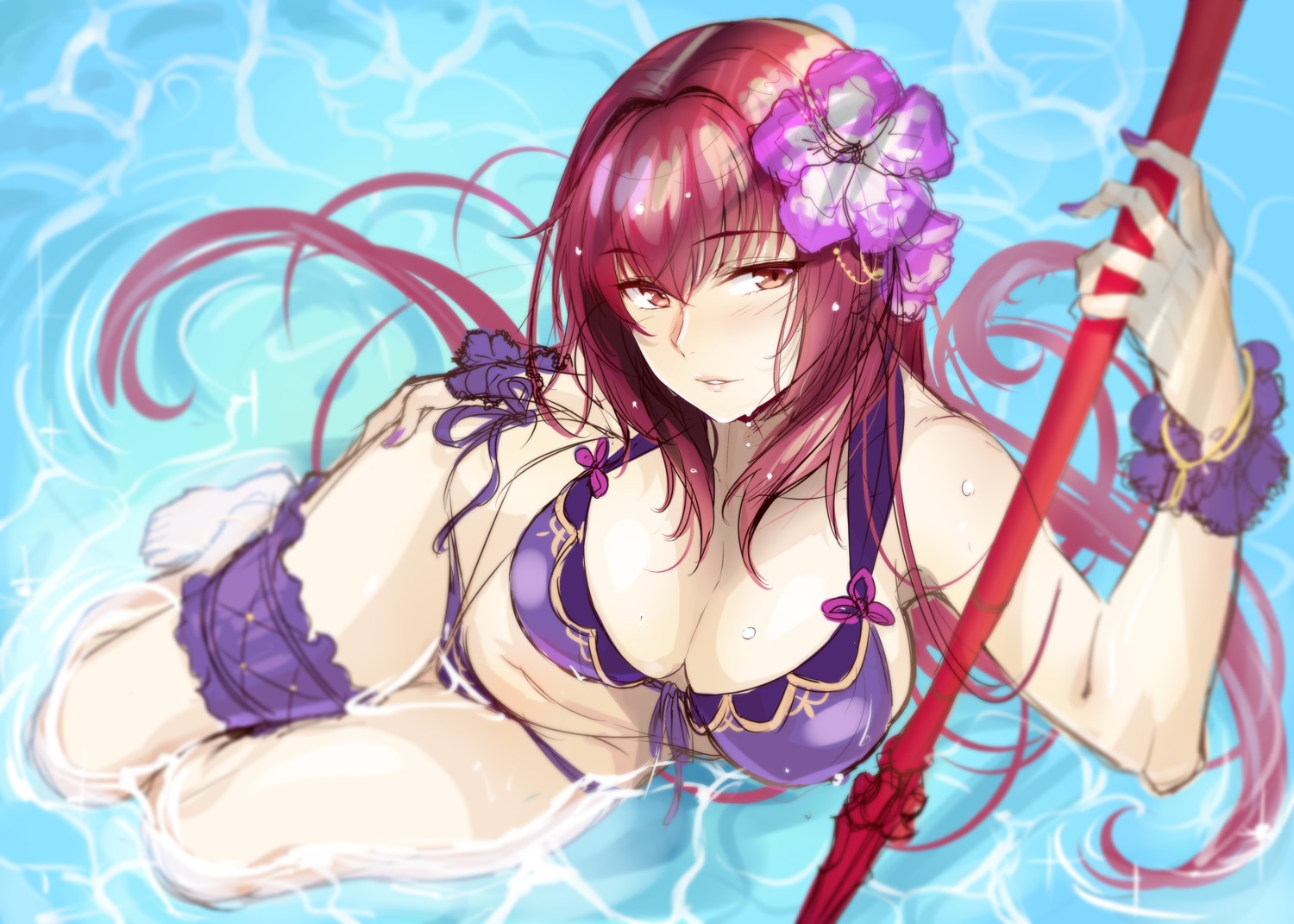bikini cleavage fate/grand_order garter okitakung scathach_(fate/grand_order) sketch swimsuits weapon wet