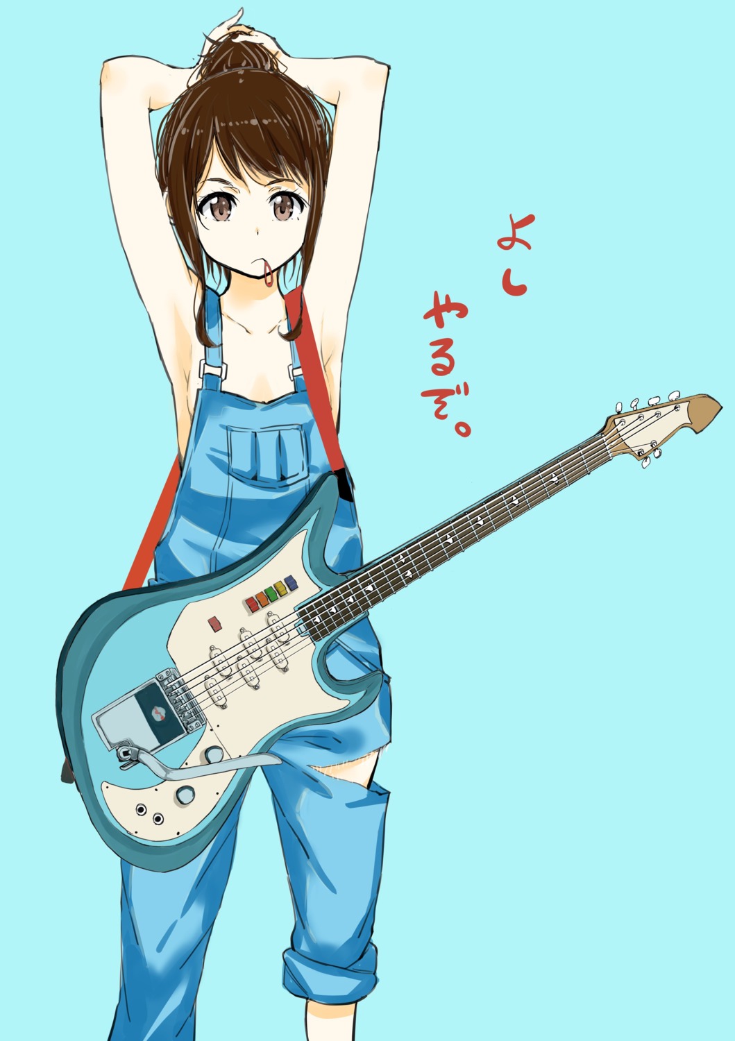 guitar no_bra overalls takata_koutarou torn_clothes