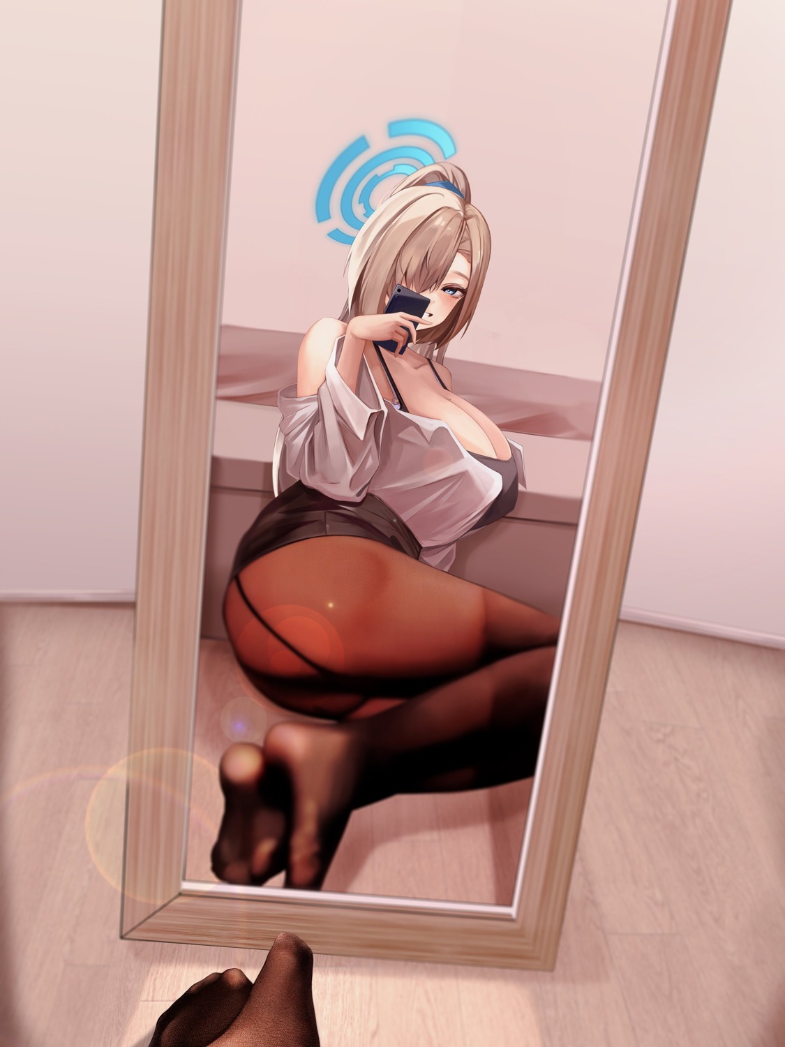 blue_archive dress_shirt feet halo ichinose_asuna miisang47 pantyhose selfie skirt_lift