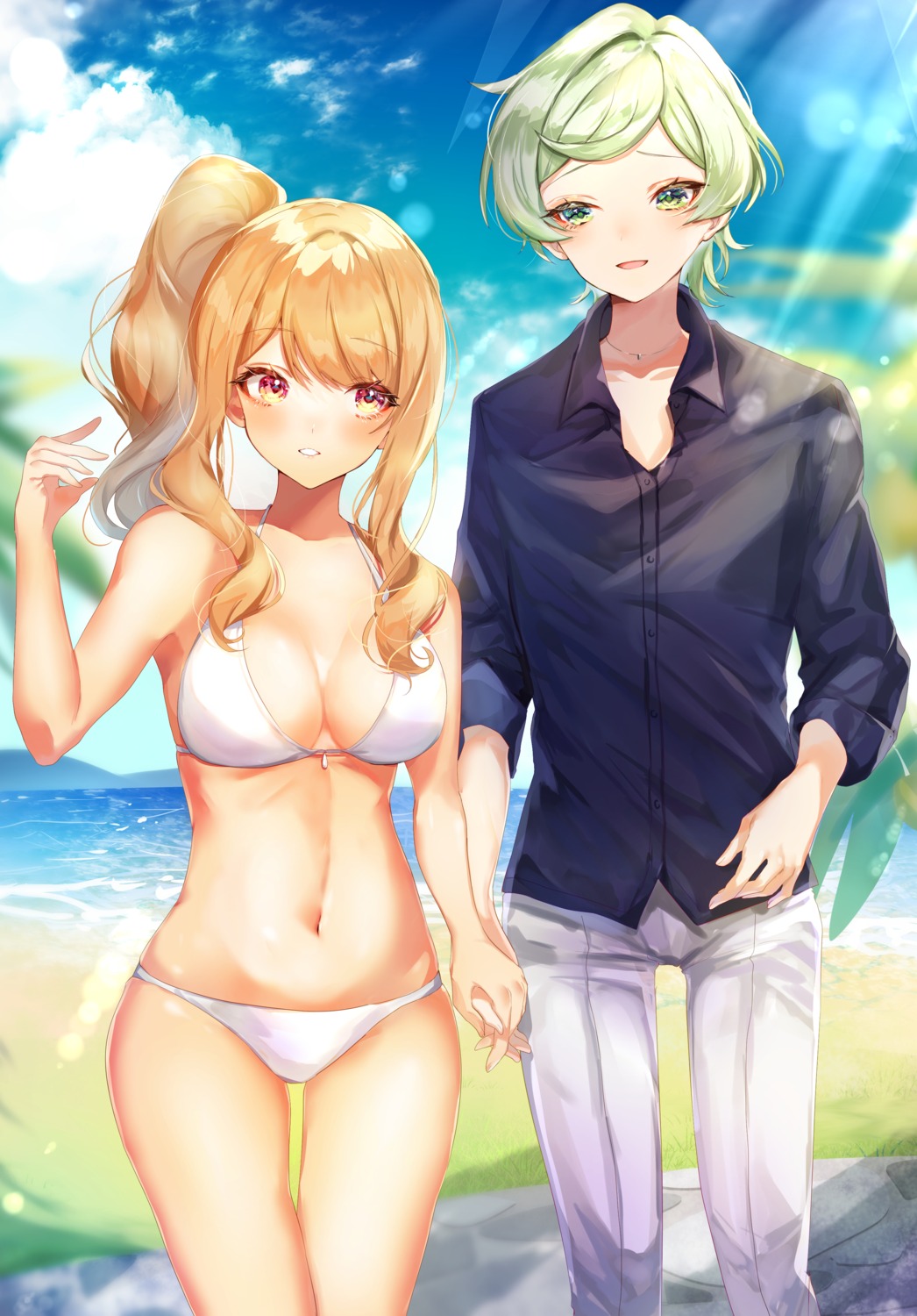 bikini crossdress dress_shirt swimsuits tagme yuri