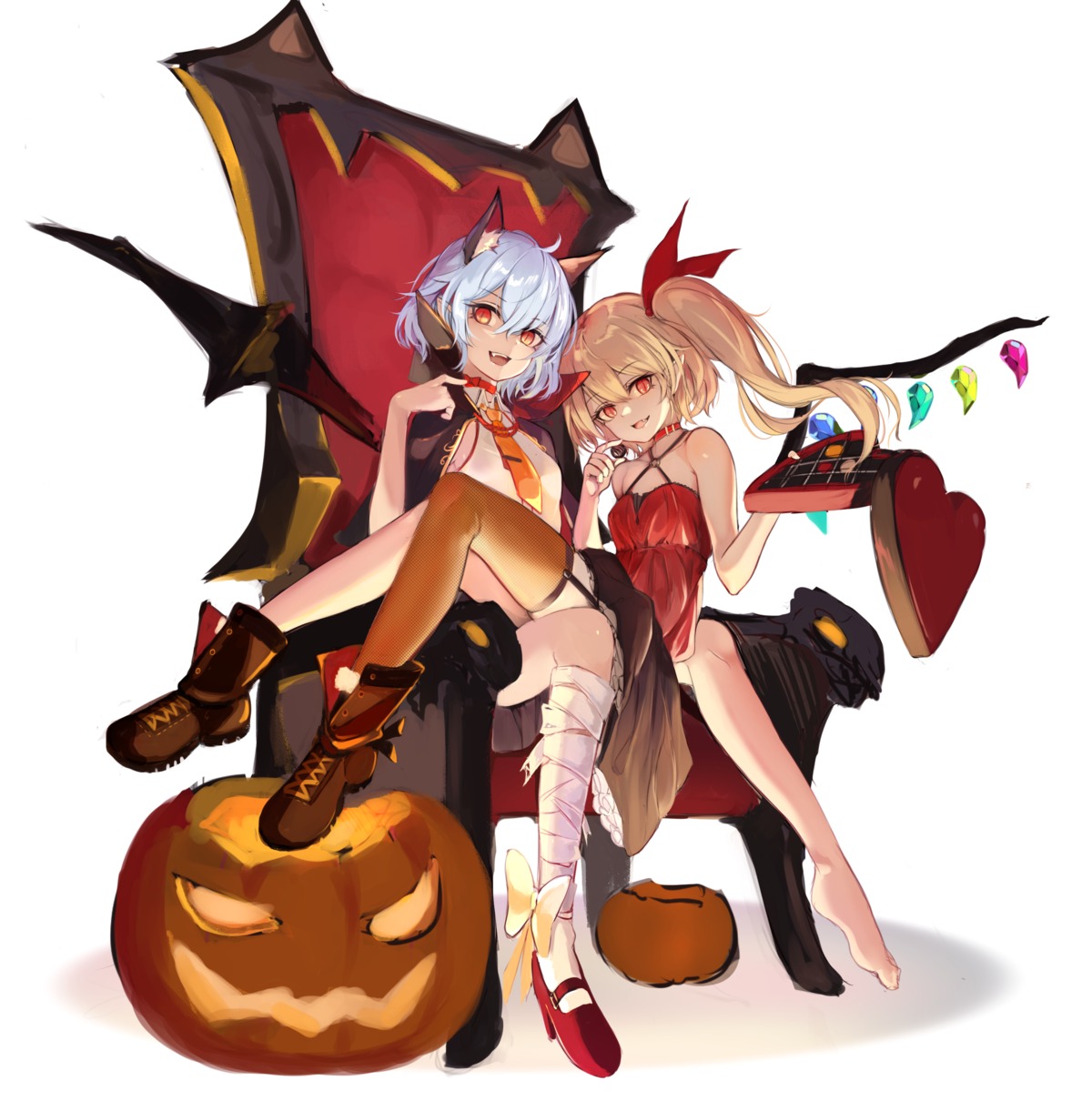 animal_ears bandages flandre_scarlet halloween heels lumo_1121 remilia_scarlet stockings thighhighs touhou wings