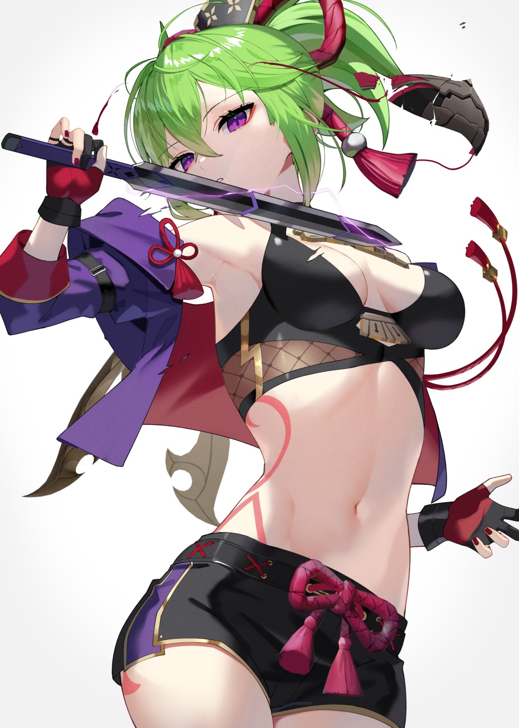 fishnets genshin_impact kuki_shinobu no_bra scottie tattoo weapon