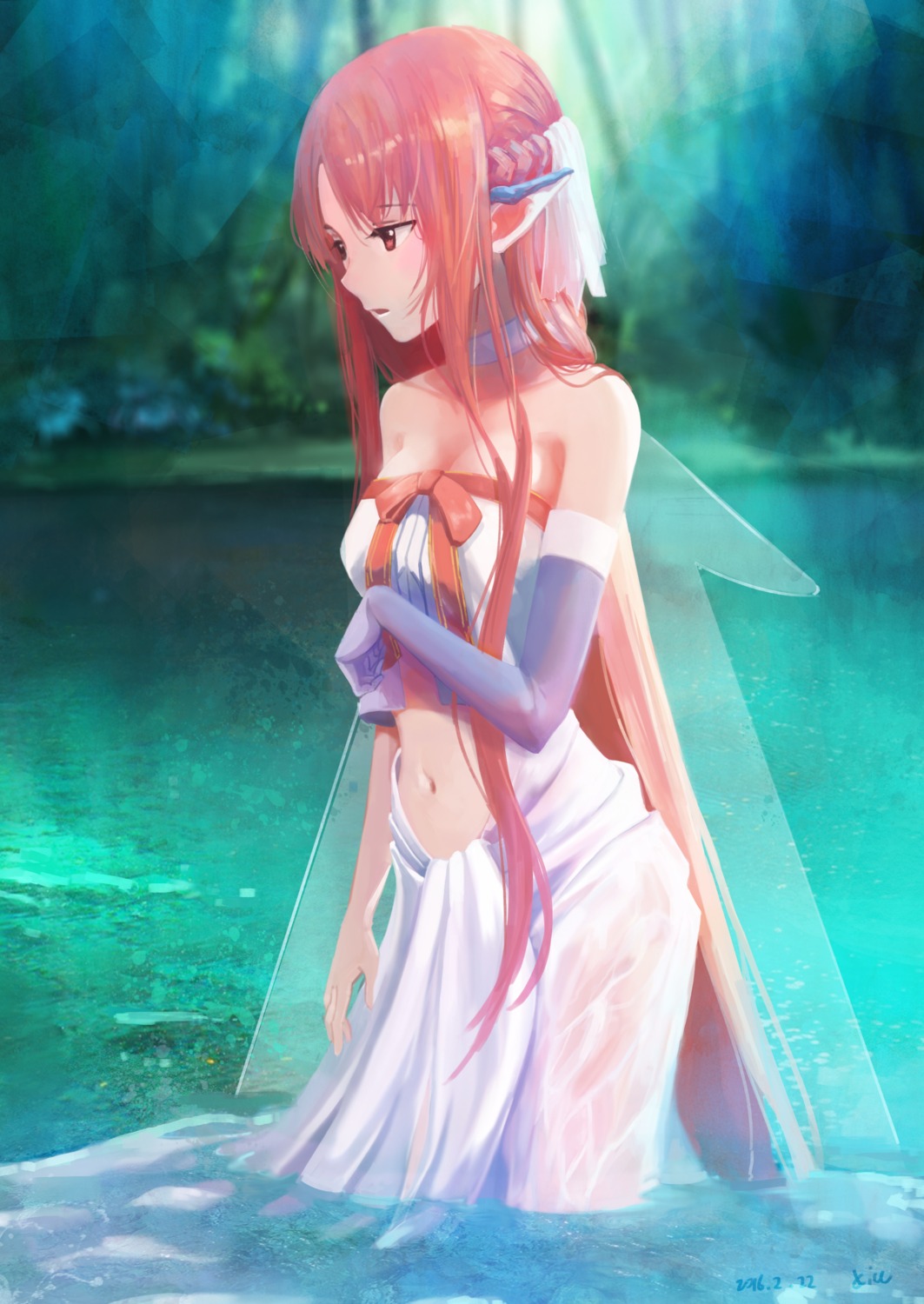 alfheim_online asuna_(titania) cleavage pointy_ears see_through sword_art_online wet wet_clothes xi_chen_chen