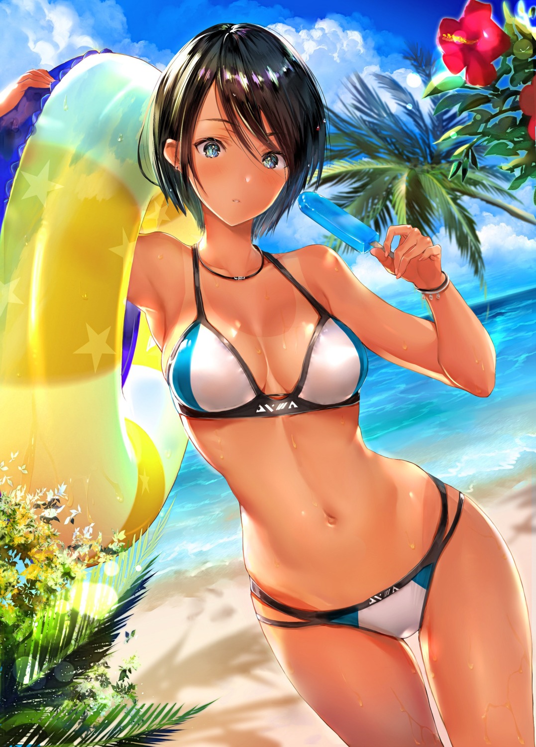 bikini cleavage hitaki_yuu swimsuits tan_lines wet