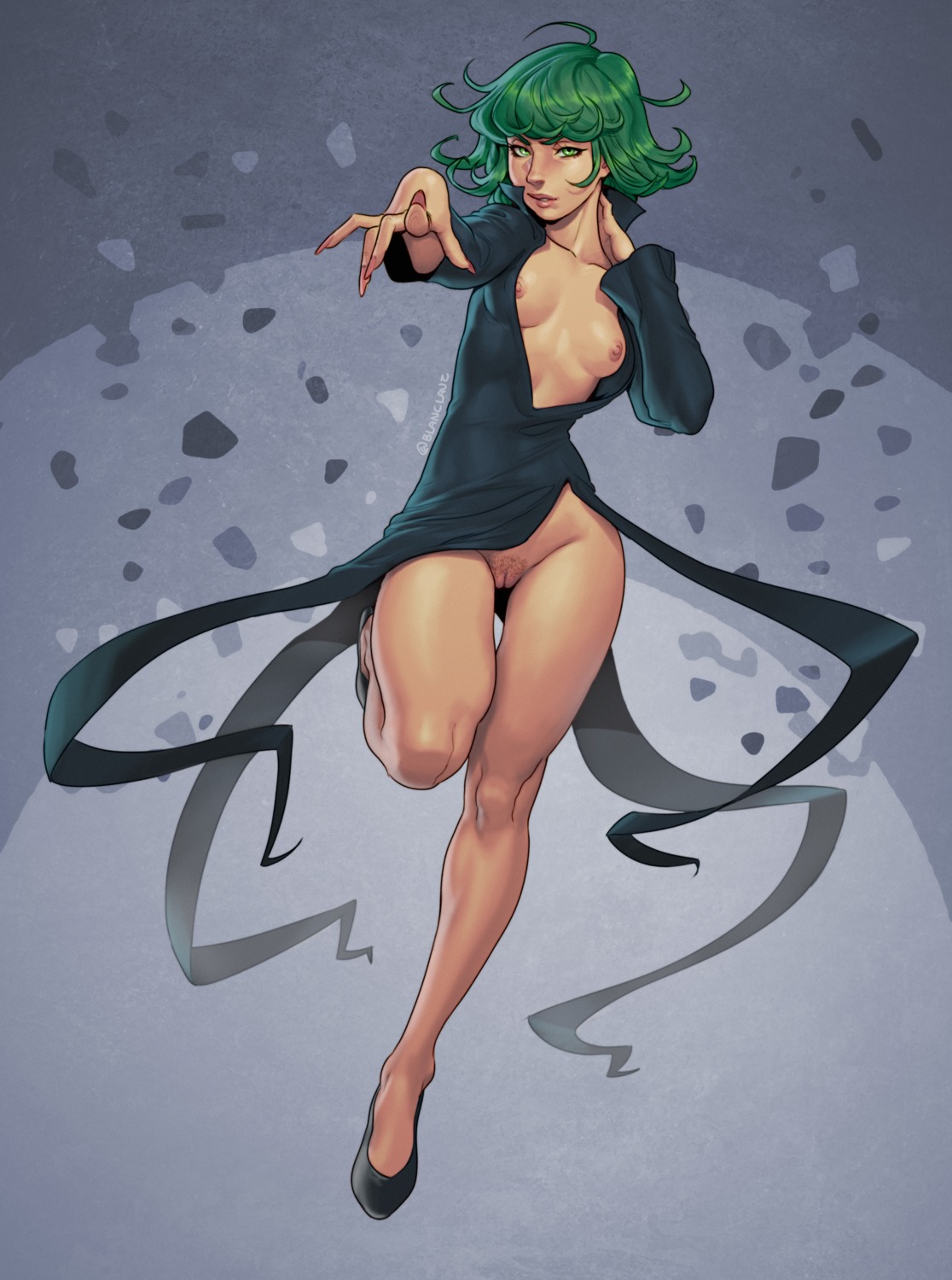 blanclauz breasts dress nipples no_bra nopan one_punch_man open_shirt pubic_hair pussy skirt_lift tatsumaki_(one_punch_man) uncensored