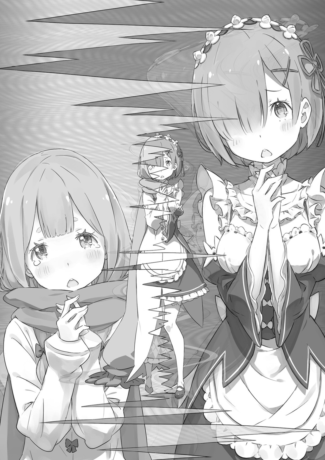 carmilla_(re_zero) dress maid monochrome ootsuka_shinichirou re_zero_kara_hajimeru_isekai_seikatsu rem_(re_zero)