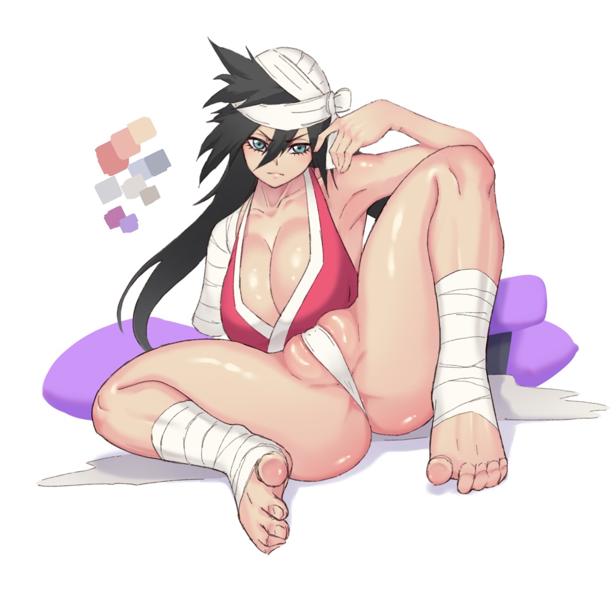 bandages bleach feet freddyhalloween japanese_clothes kuukaku_shiba no_bra open_shirt pantsu thong