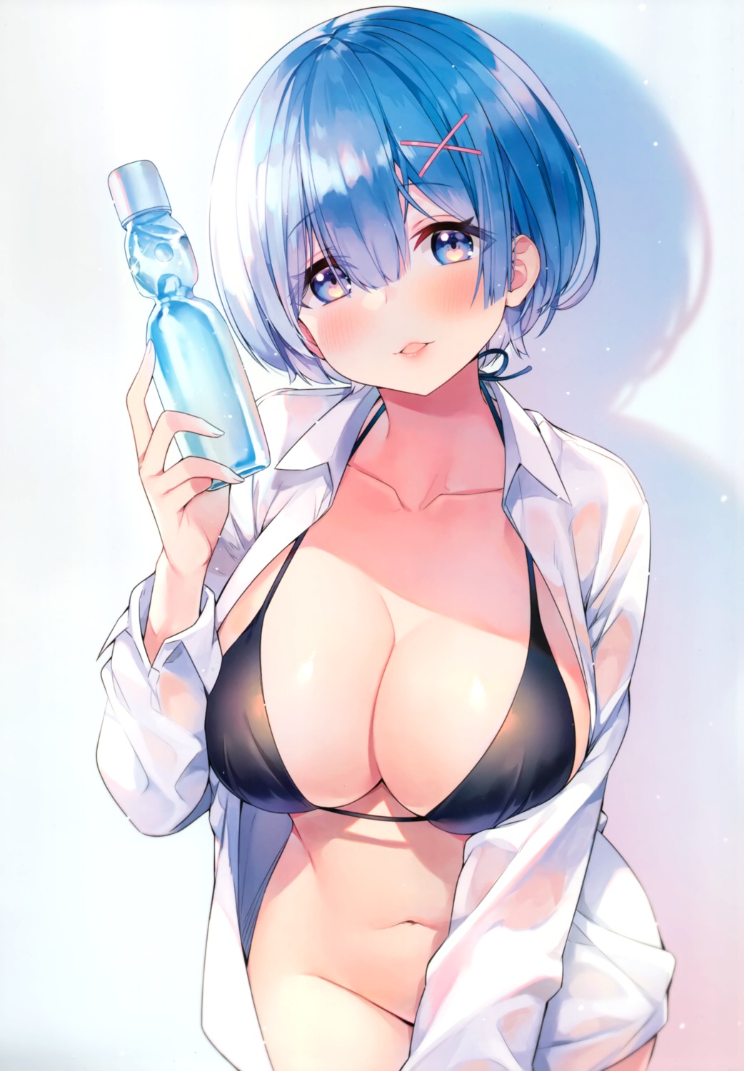 ayamy bikini_top dress_shirt nopan open_shirt re_zero_kara_hajimeru_isekai_seikatsu rem_(re_zero) swimsuits