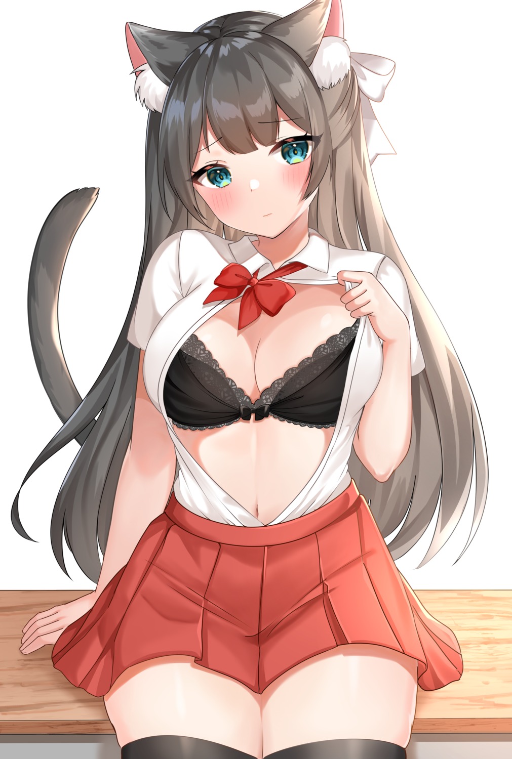 animal_ears katsushika_pachi nekomimi open_shirt seifuku tail thighhighs undressing