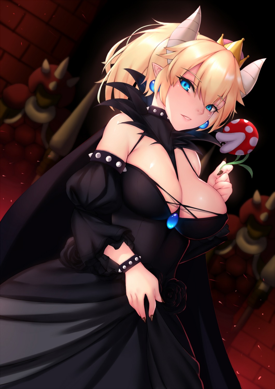 bowsette cleavage dress genjung horns new_super_mario_bros._u_deluxe pointy_ears
