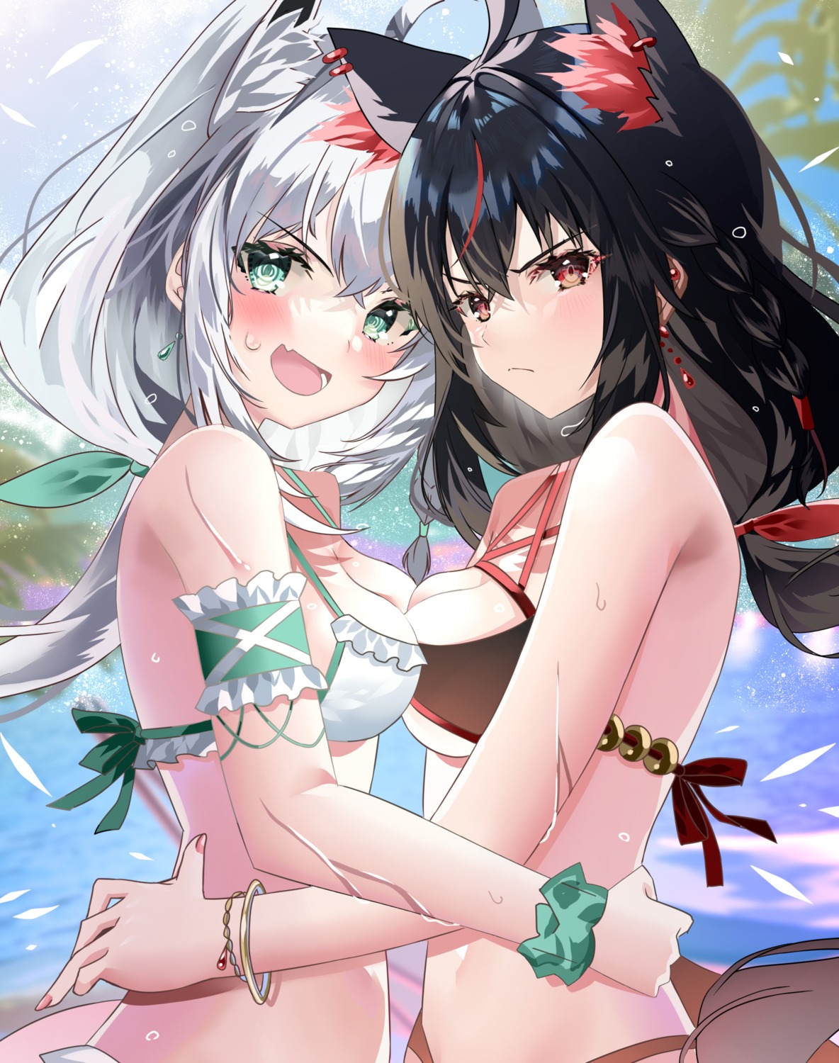 animal_ears bikini hololive hololive_gamers kitsune kurokami_fubuki shirakami_fubuki sho_(runatic_moon) swimsuits symmetrical_docking tail wet