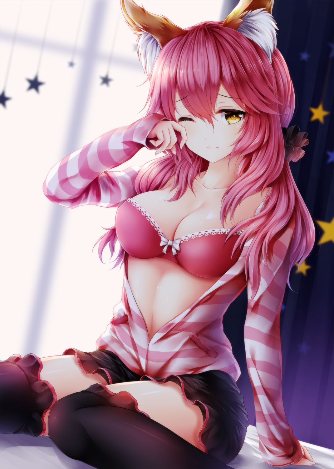 animal_ears bra fate/extella kitsune open_shirt tamamo_no_mae thighhighs wsman