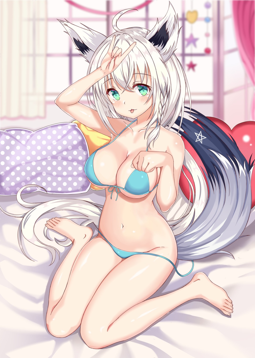 animal_ears bikini hololive hololive_gamers kirisameaoto kitsune panty_pull shirakami_fubuki swimsuits tail