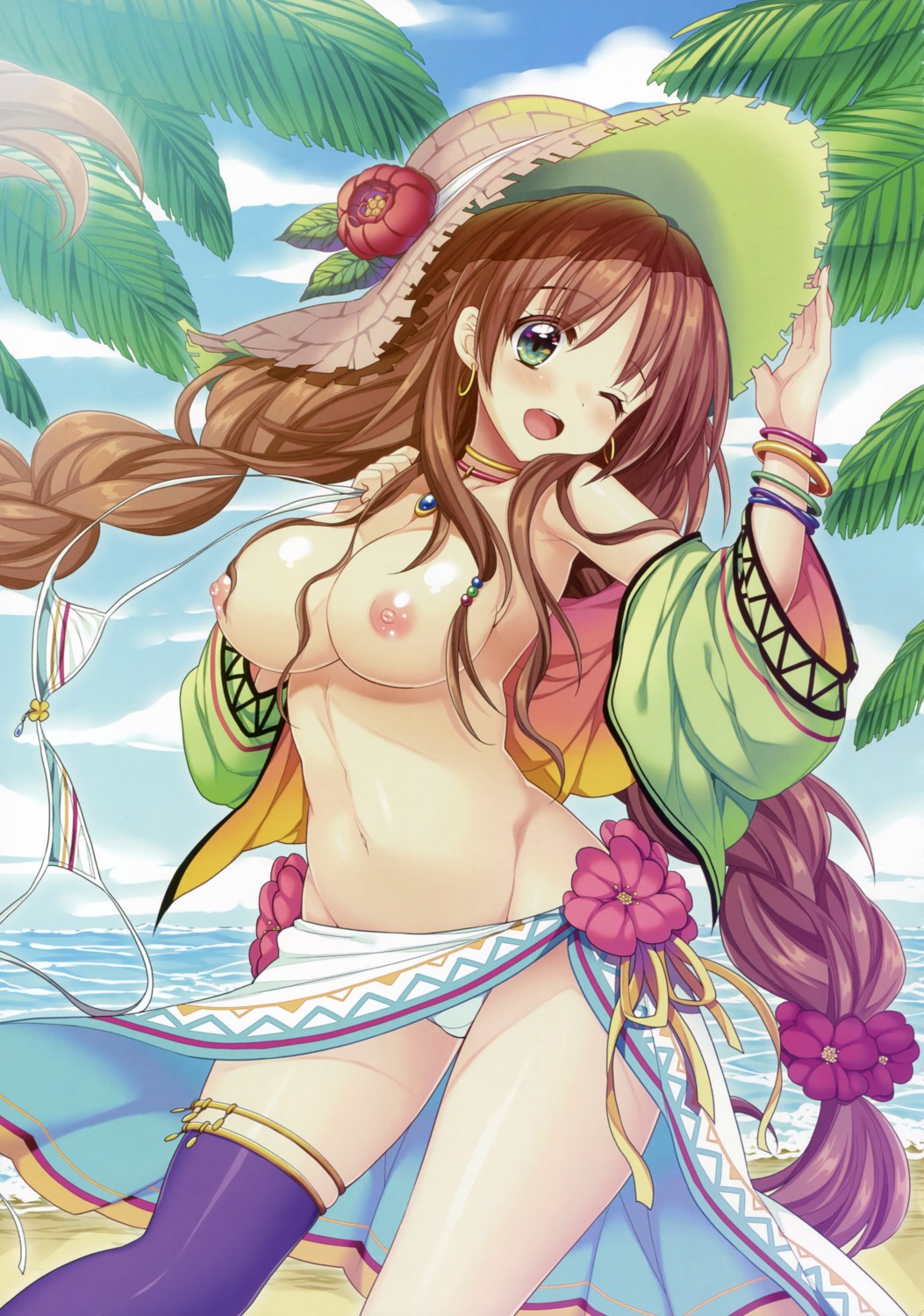 araiguma bikini breasts nipples open_shirt swimsuits thighhighs