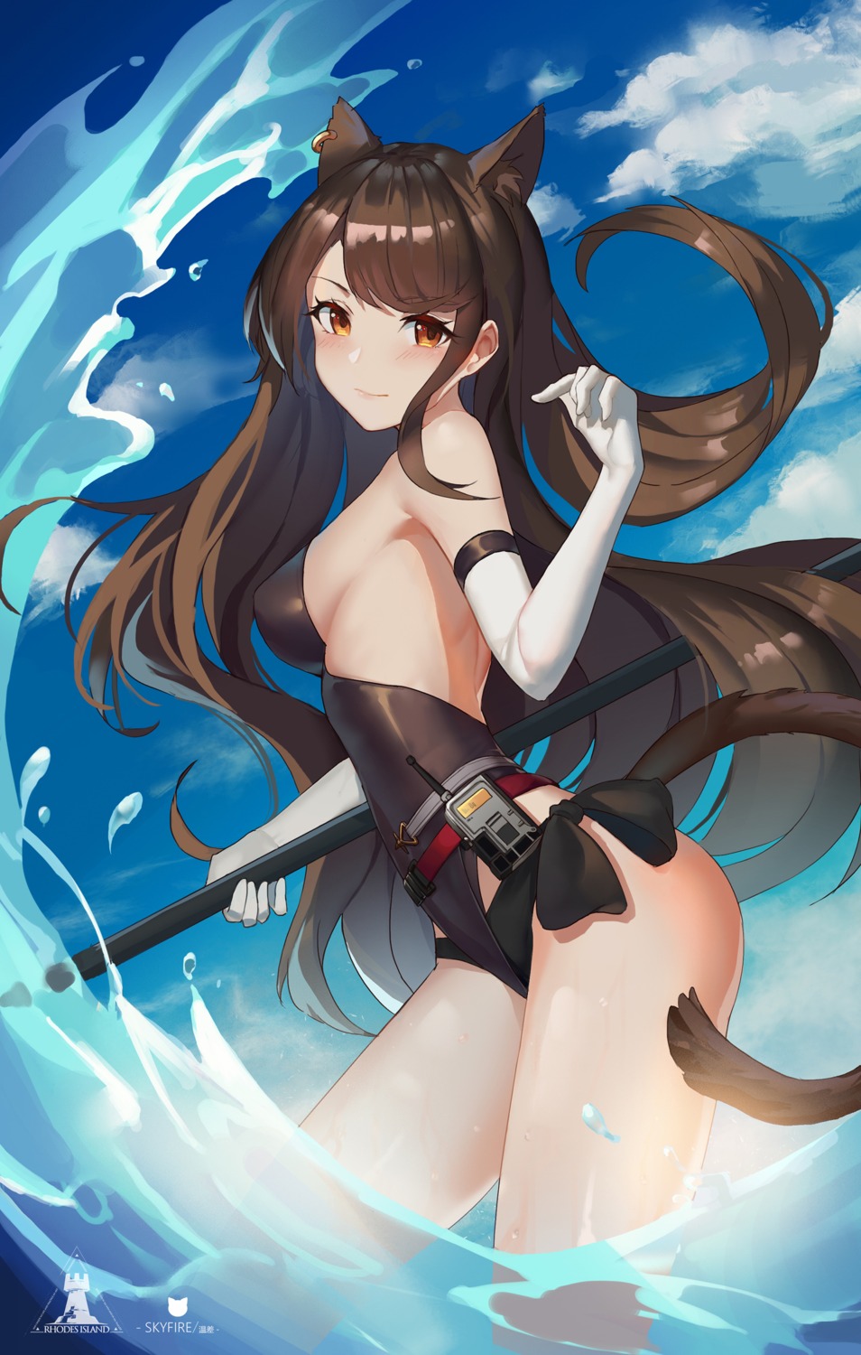 animal_ears arknights erosiscon skyfire_(arknights) swimsuits tail weapon wet