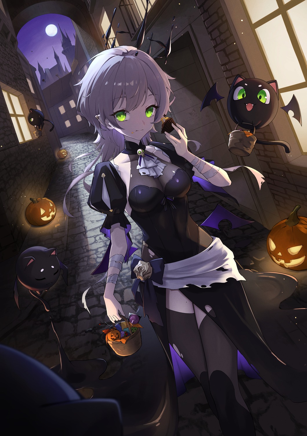 bandages halloween no_bra pointy_ears see_through tatty thighhighs torn_clothes