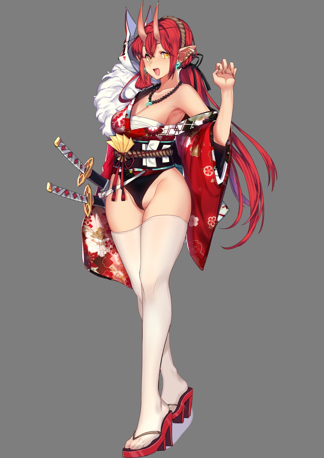 heels horns japanese_clothes mendou_kusai open_shirt pantsu pointy_ears sarashi sword thighhighs transparent_png