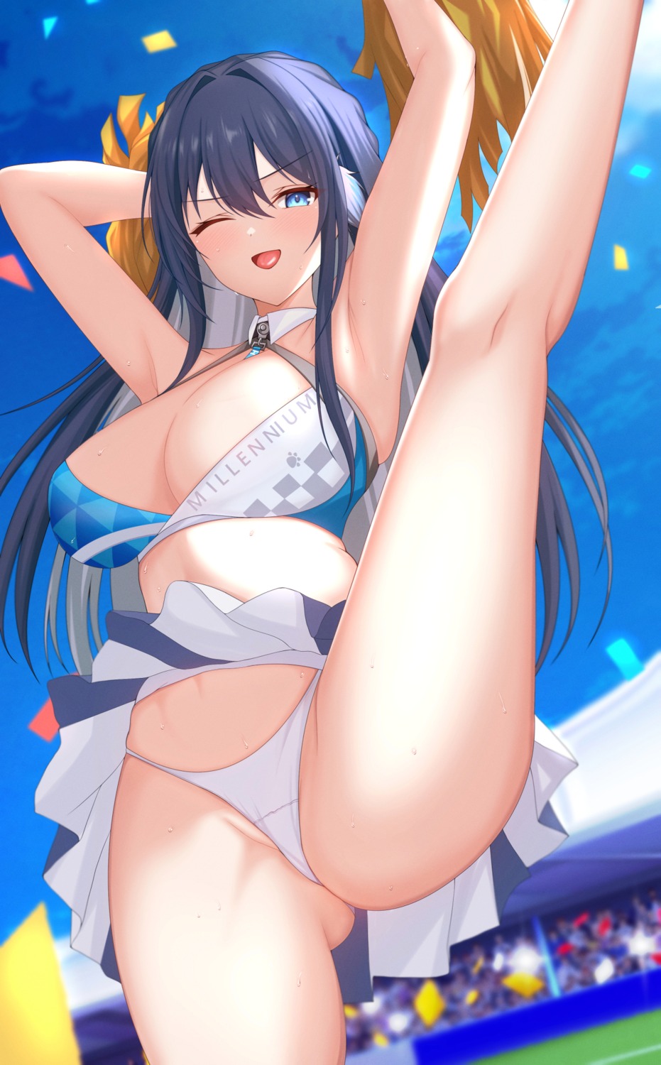 arknights astesia_(arknights) blue_archive cheerleader cosplay nekozuka_hibiki no_bra pantsu skirt_lift thong wing228