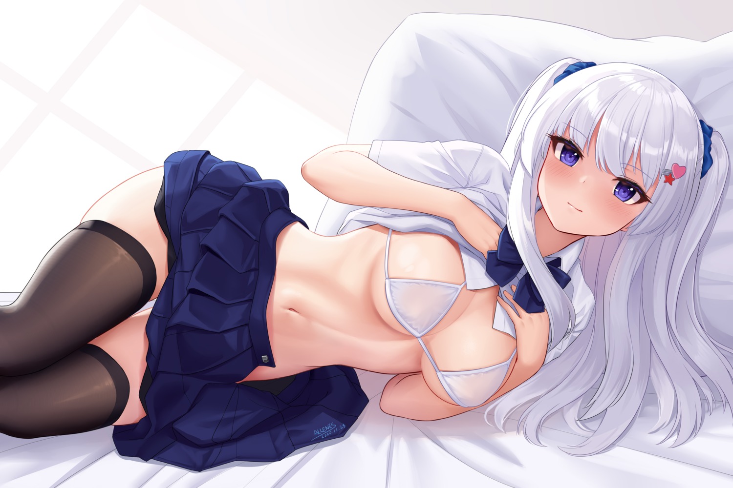 allenes bra nopan seifuku shirt_lift skirt_lift thighhighs