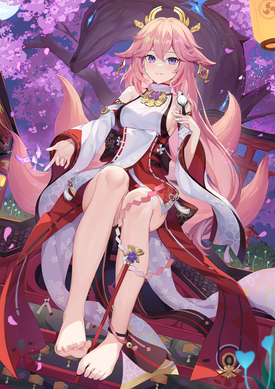 animal_ears feet genshin_impact japanese_clothes kitsune kizuna no_bra tail yae_miko