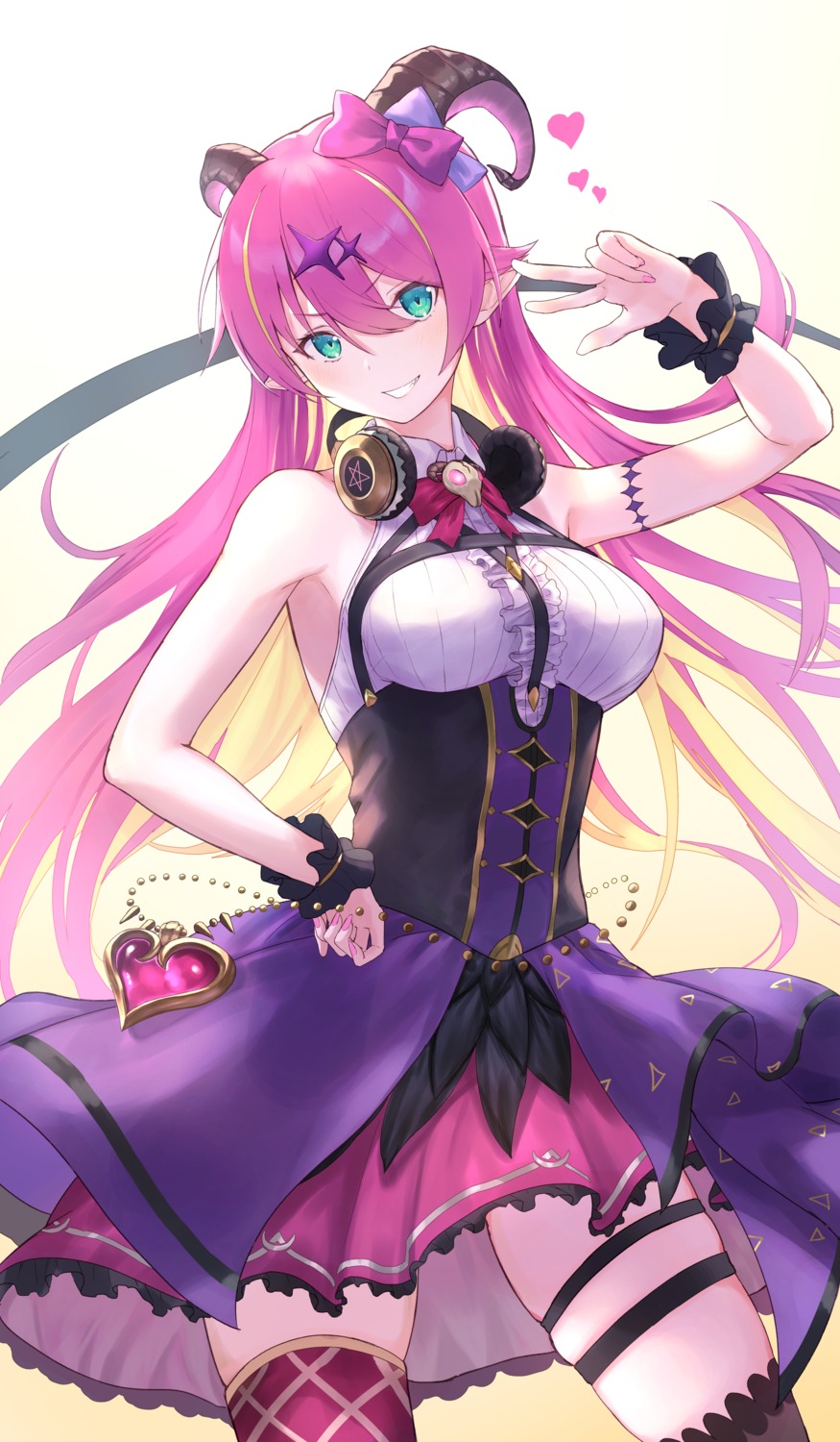 garter gore_(white_gore) headphones hololive horns mano_aloe pointy_ears thighhighs