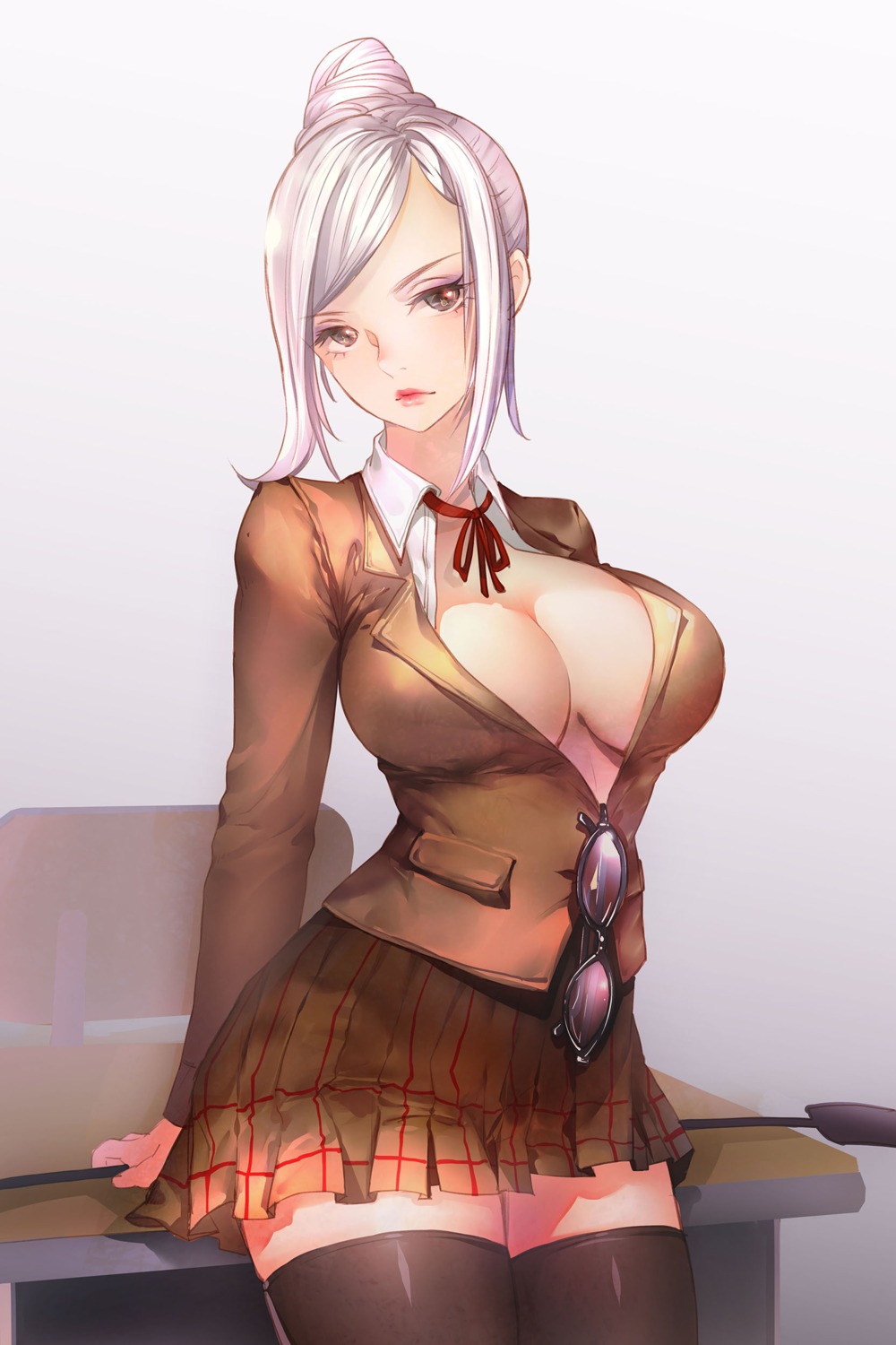 cleavage megane no_bra open_shirt orry prison_school seifuku shiraki_meiko thighhighs