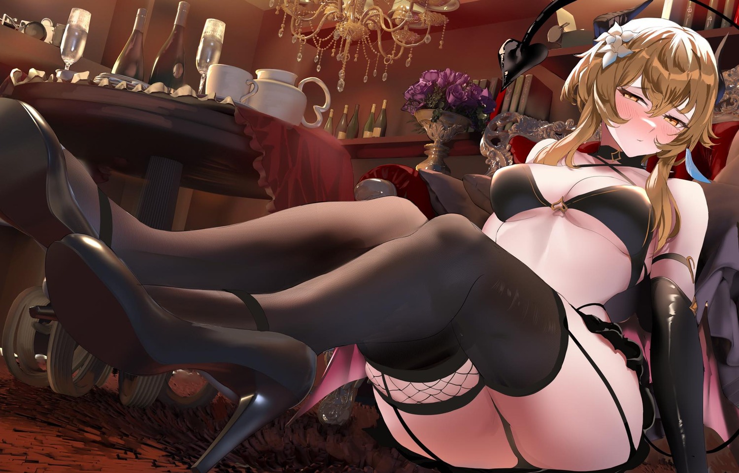 genshin_impact heels lumine shiben_(ugvu5784) stockings thighhighs wings