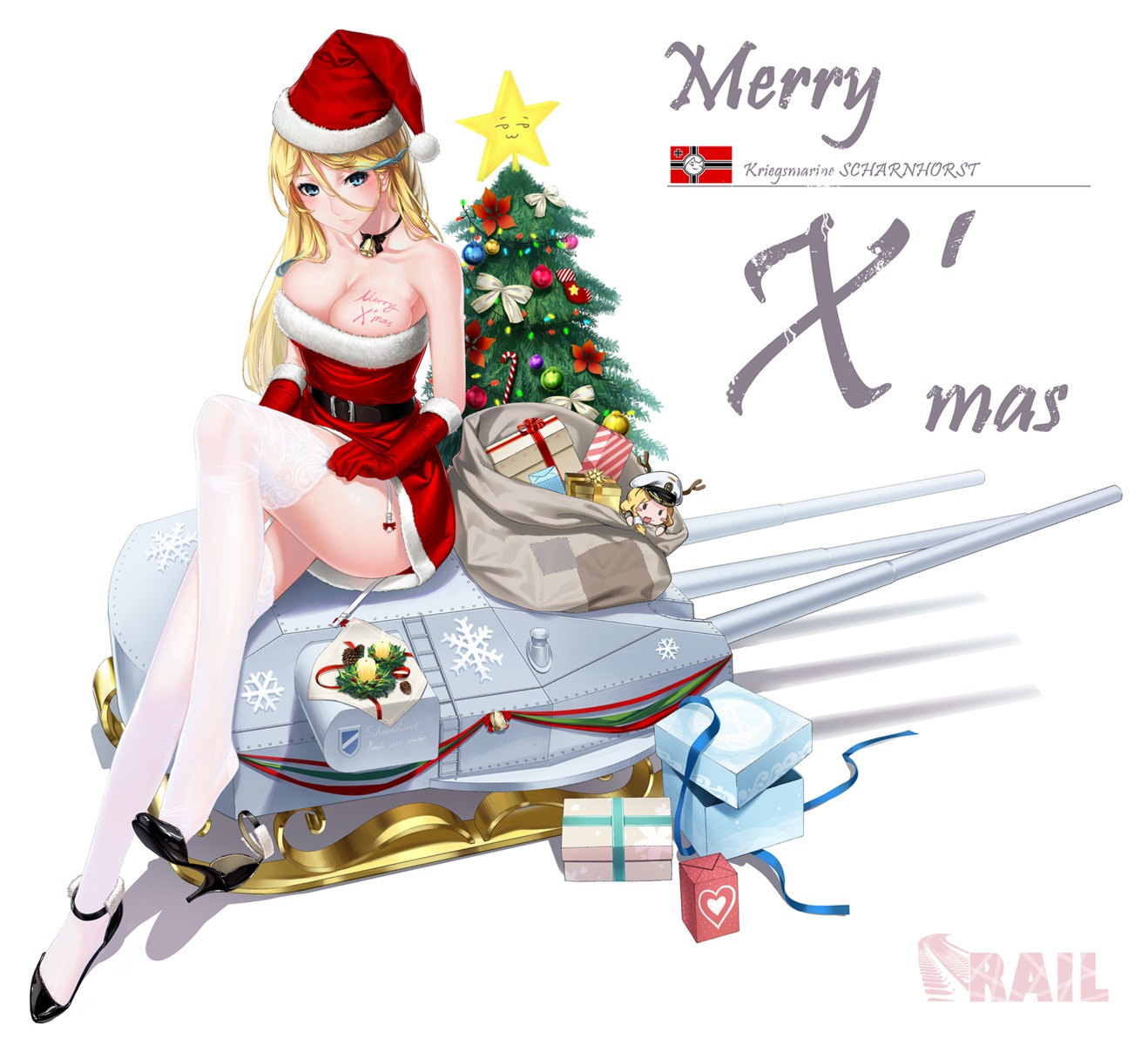 christmas cleavage dress heels no_bra rail_(silverbow) scharnhorst_(zhanjianshaonv) stockings thighhighs undressing zhanjianshaonv