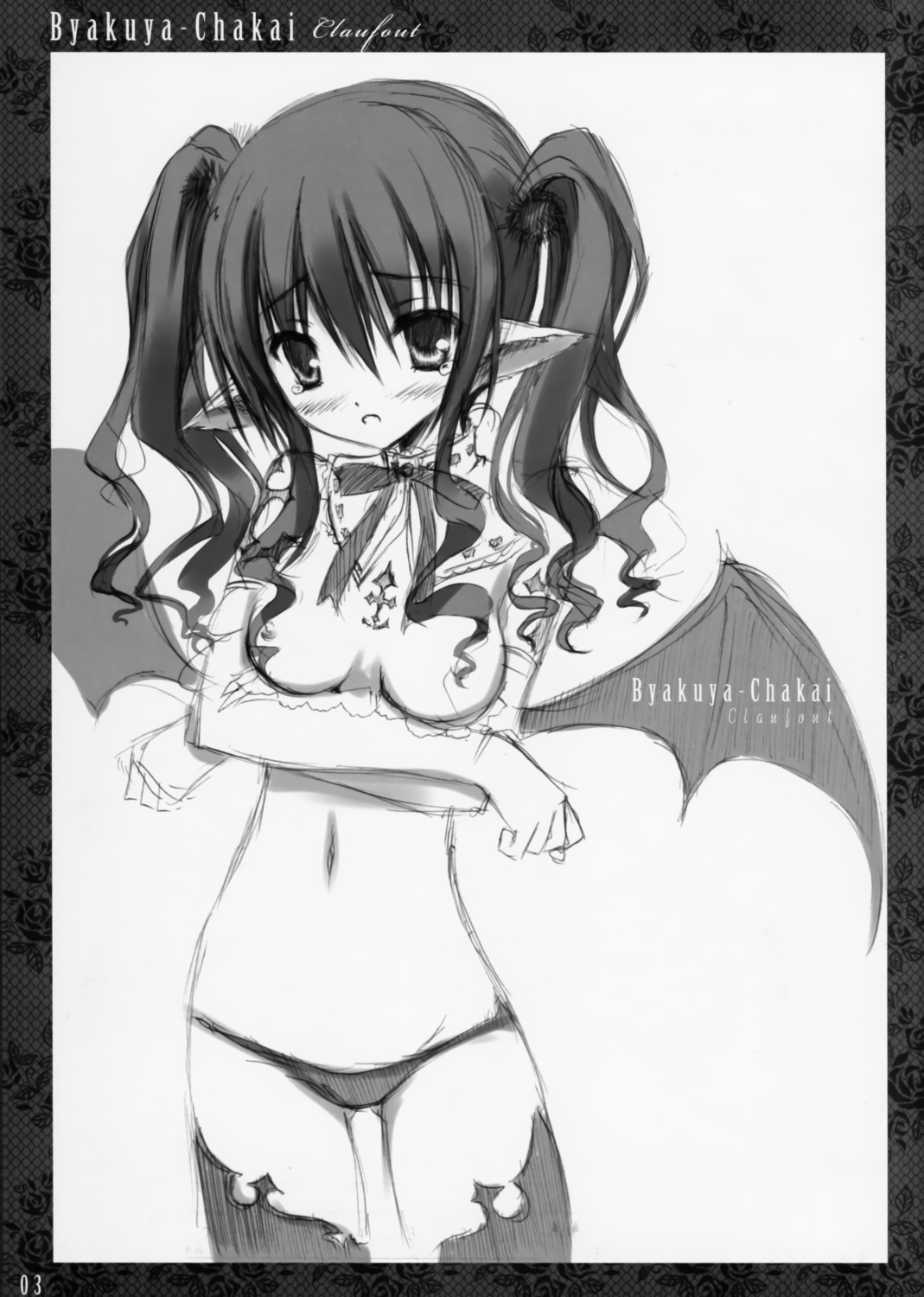 breast_hold breasts elf monochrome pantsu pointy_ears see_through thighhighs tinkerbell tinkle wings