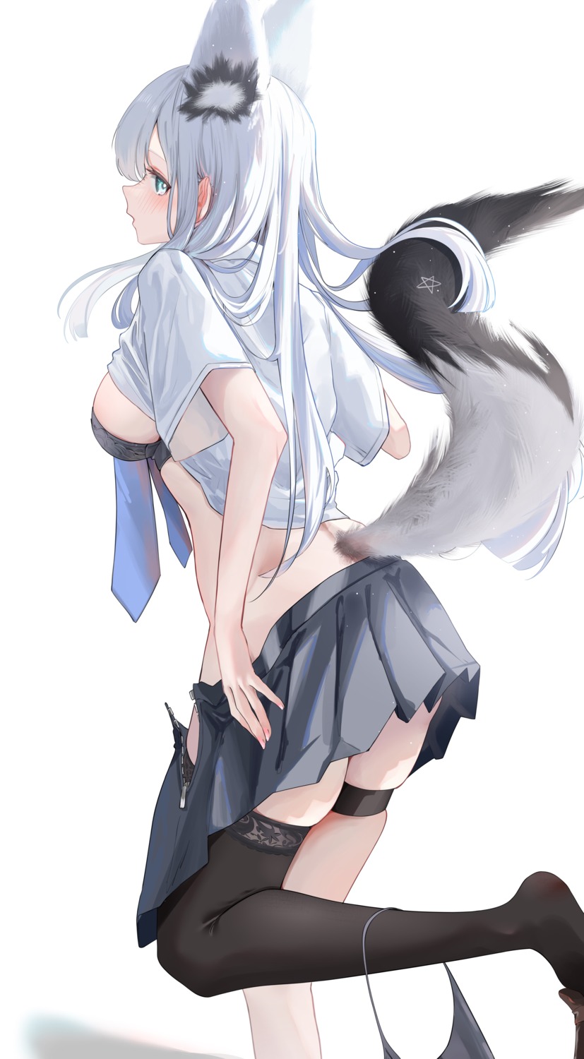 ass bra garter hololive hololive_gamers kitsune open_shirt pantsu panty_pull seifuku shirakami_fubuki tail tanishi_(hetianming11093) thighhighs undressing