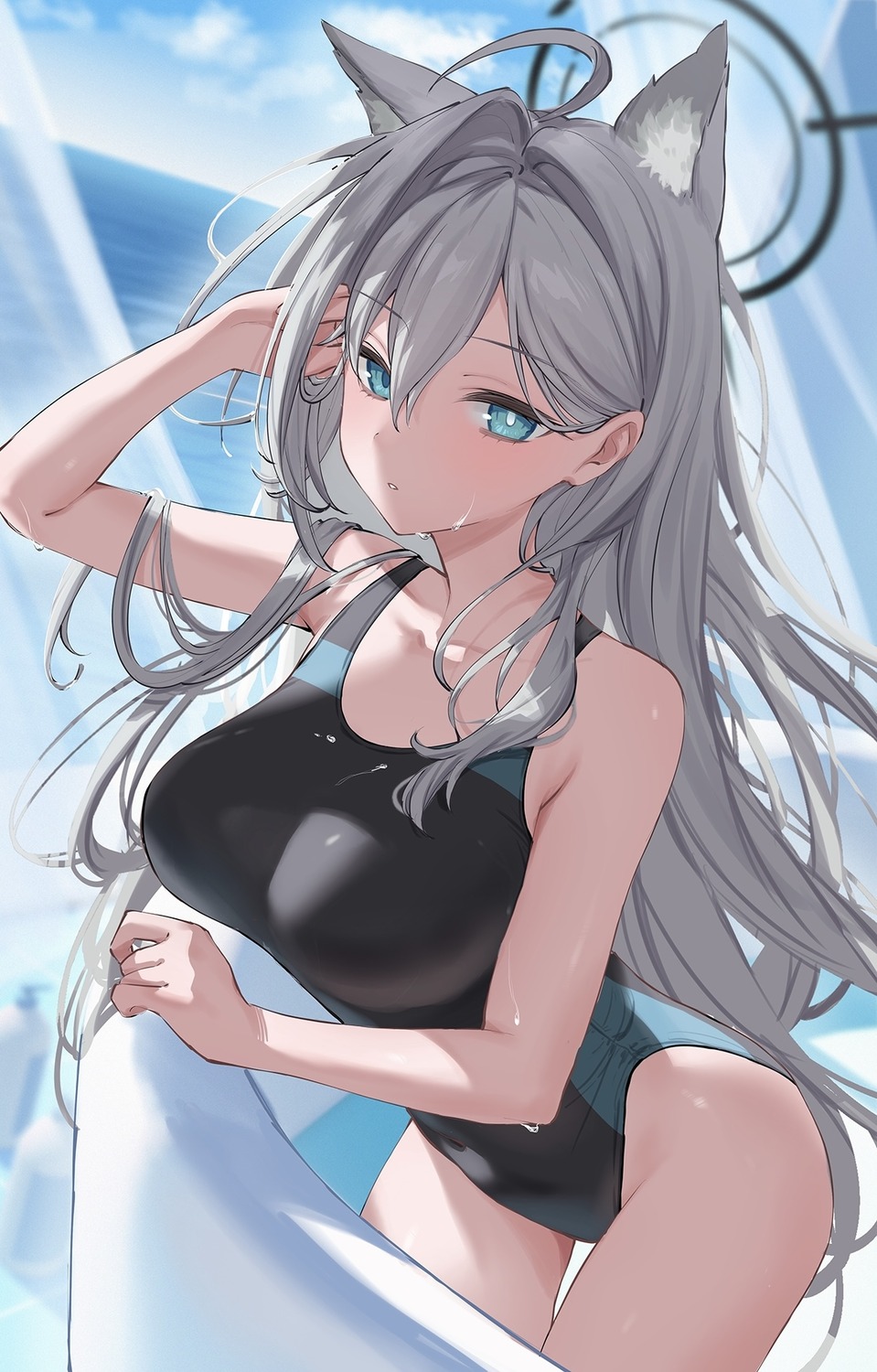 animal_ears blue_archive halo jfjf nekomimi shiroko_terror sunaookami_shiroko swimsuits wet