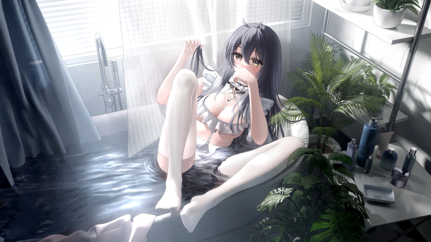 azur_lane bathing feet indomitable_(azur_lane) liht maid no_bra thighhighs wallpaper wet