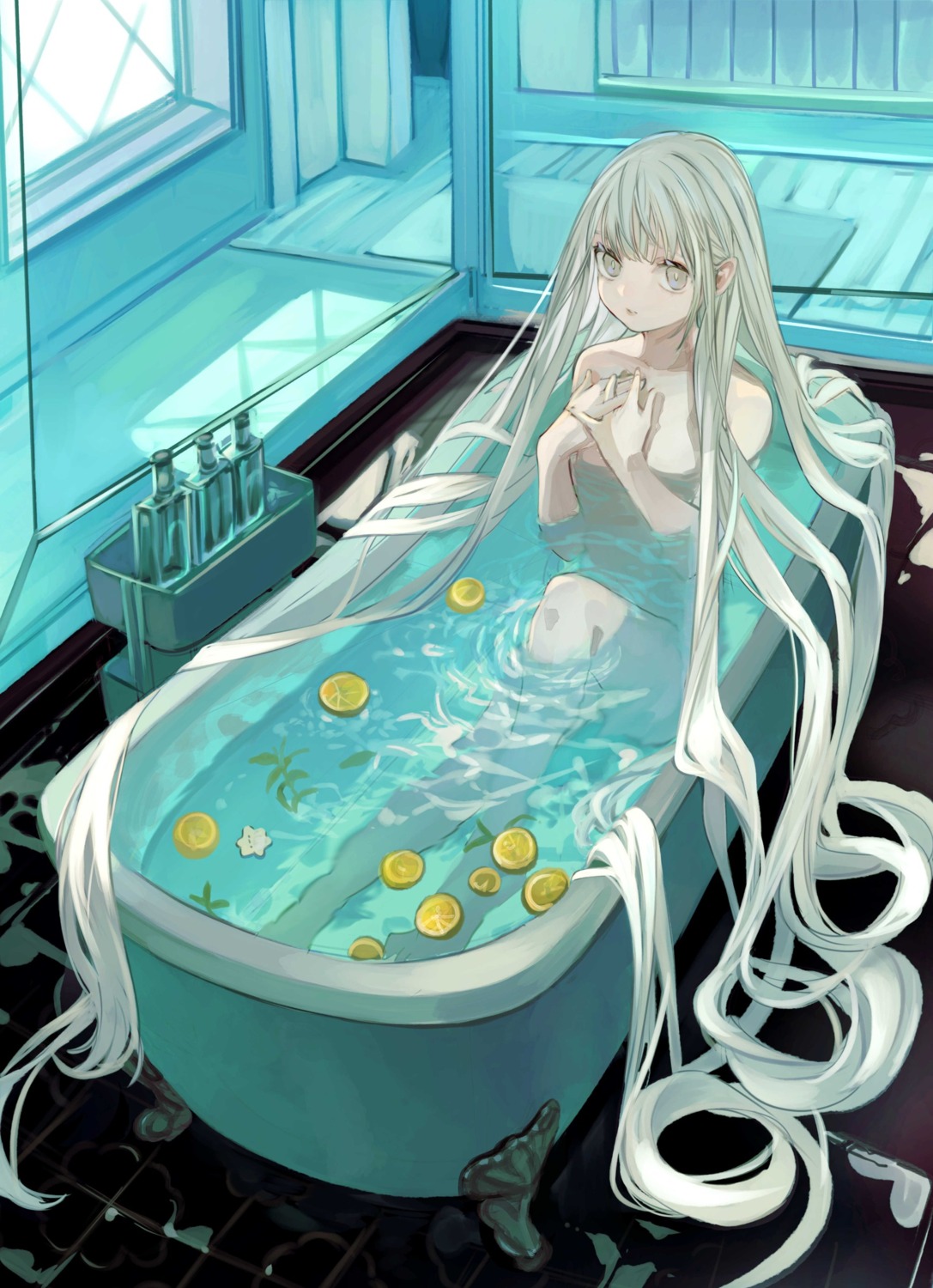 bathing breast_hold naked tokiwata_soul wet