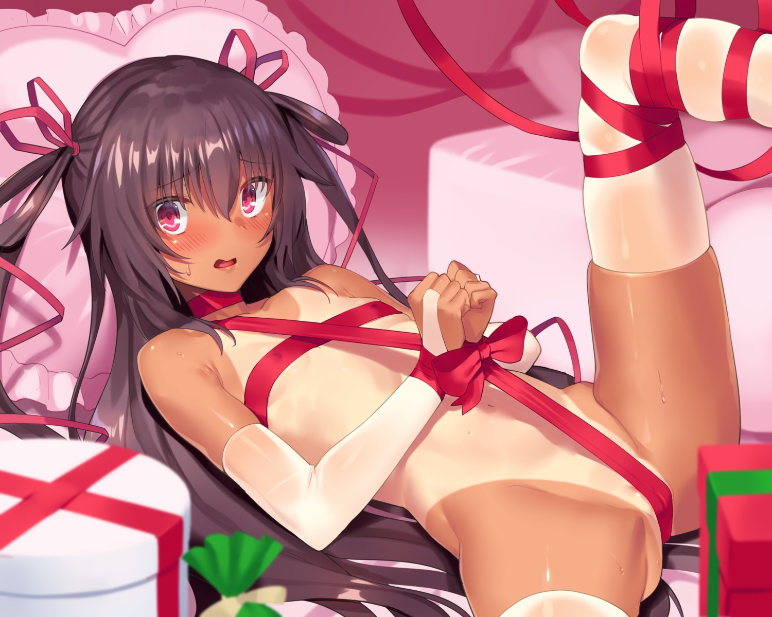 bondage christmas erect_nipples loli mizuki_yukikaze naked_ribbon ohlia taimanin_yukikaze tan_lines thighhighs