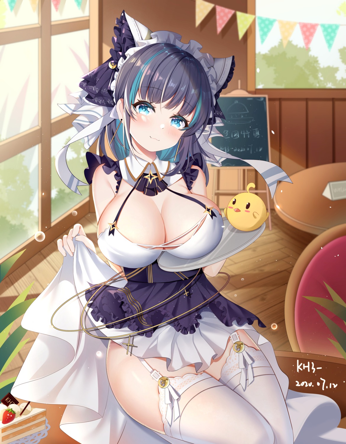 azur_lane cheshire_(azur_lane) cleavage maid manjuu_(azur_lane) miaogujun no_bra skirt_lift stockings thighhighs