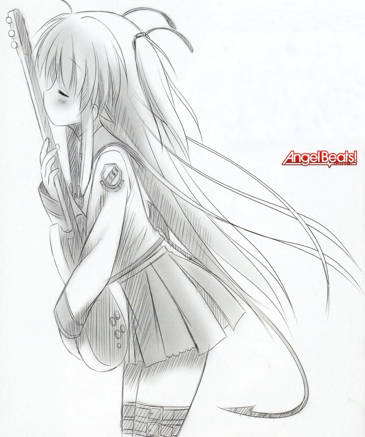 angel_beats! garter guitar monochrome na-ga seifuku sketch tail wings yoshioka_yui