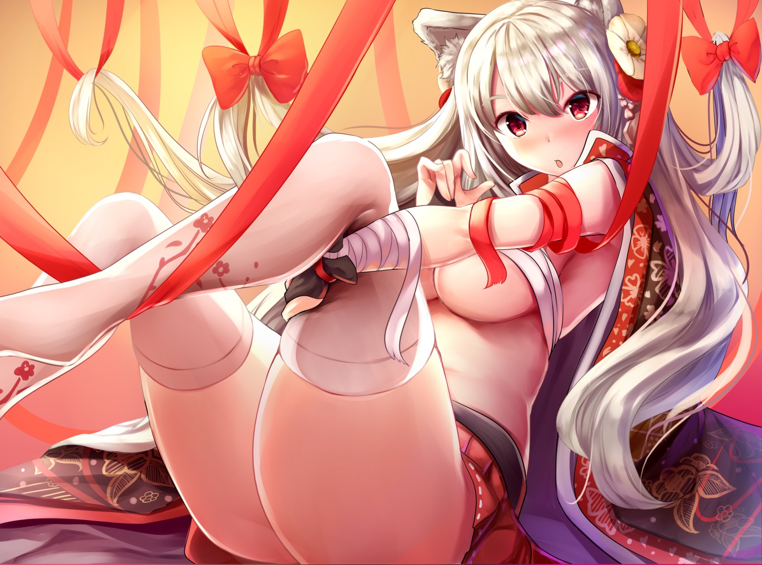 animal_ears azur_lane nicoby sarashi thighhighs yuudachi_(azur_lane)