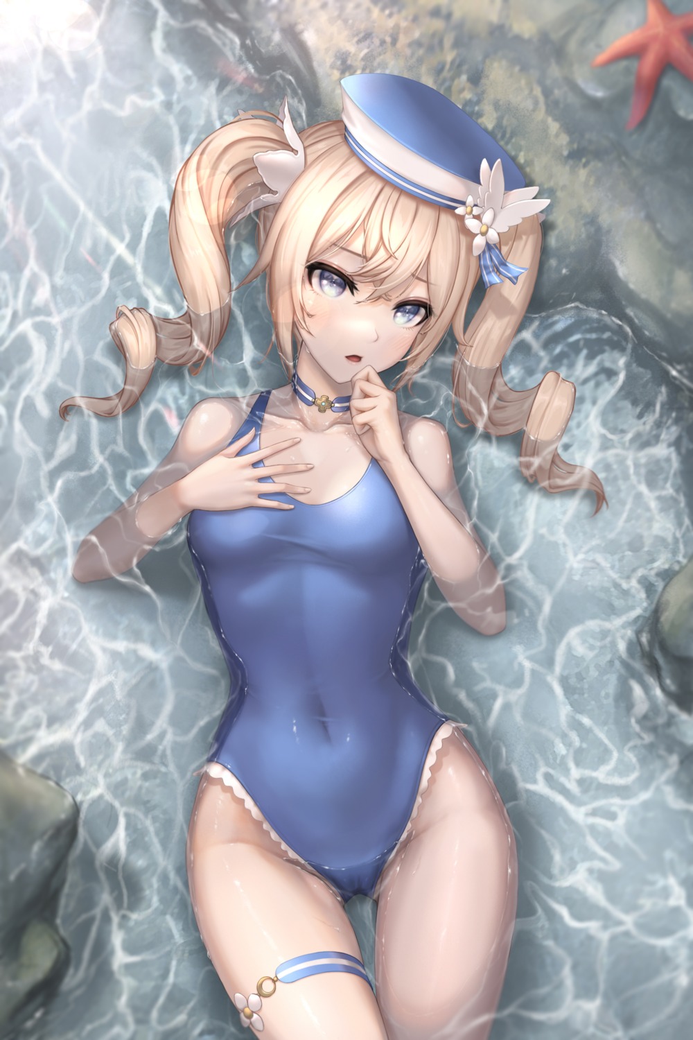 artist_revision barbara_(genshin_impact) cameltoe garter genshin_impact kie_(wylee2212) swimsuits wet