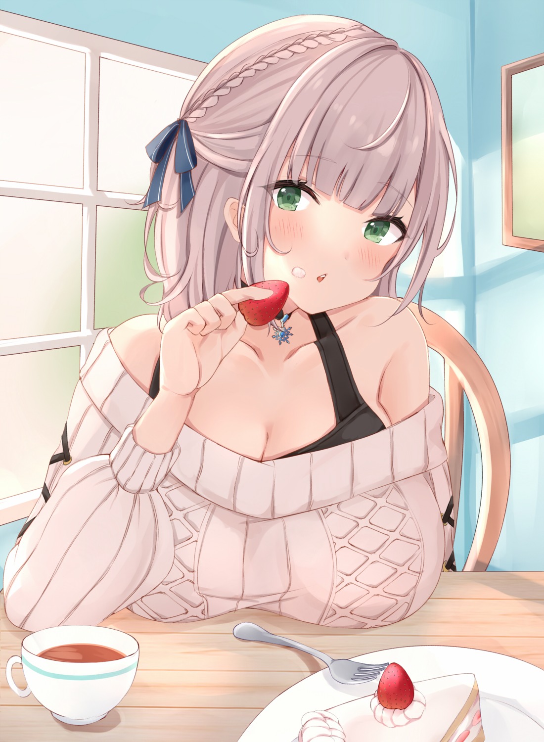 cleavage cream hololive rikotan shirogane_noel sweater